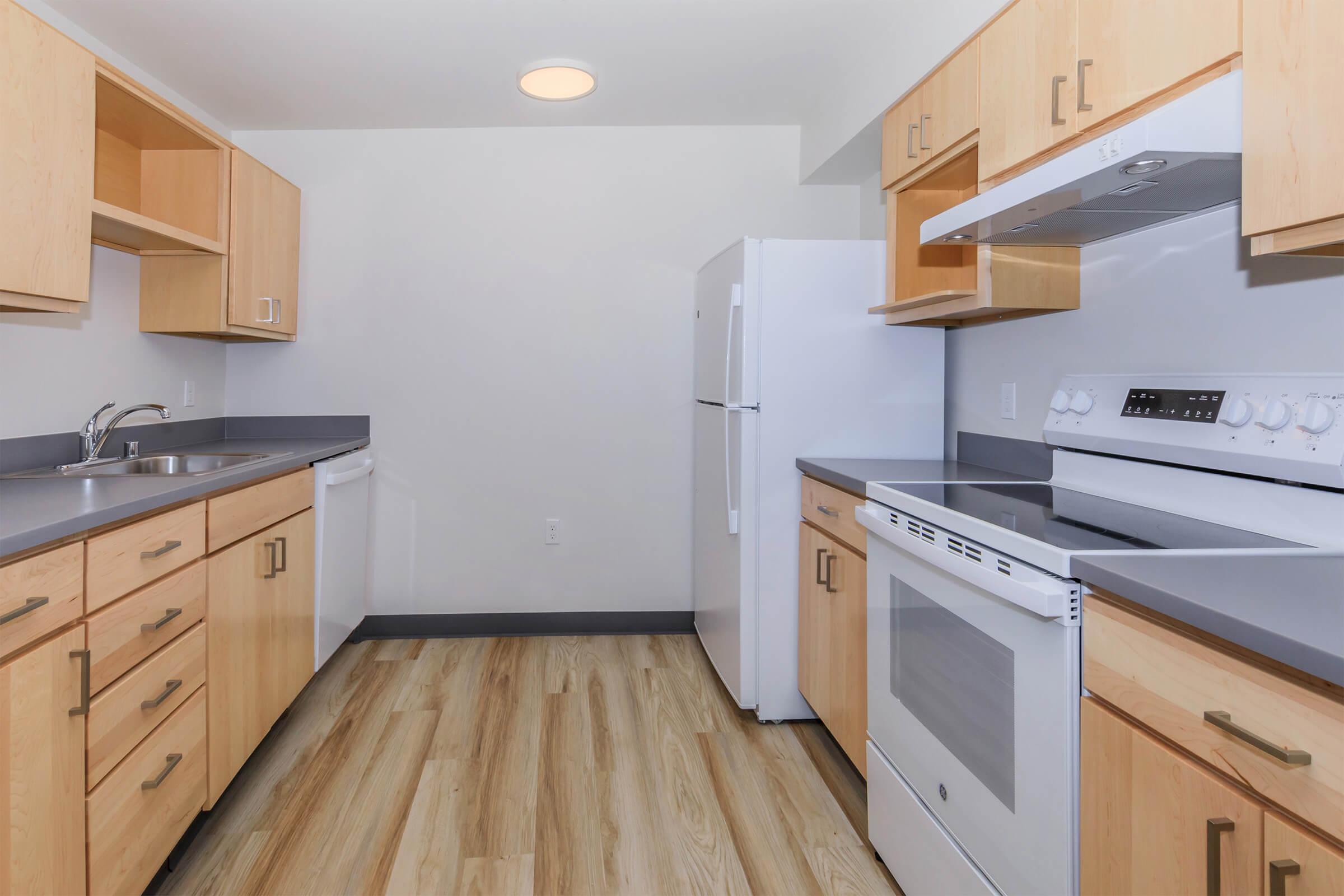 Modern kitchen featuring light wood cabinetry, stainless steel appliances, including a refrigerator and oven. The countertop is gray, and the floor has a light wood finish. The kitchen is well-lit, with plenty of storage space and an open layout.