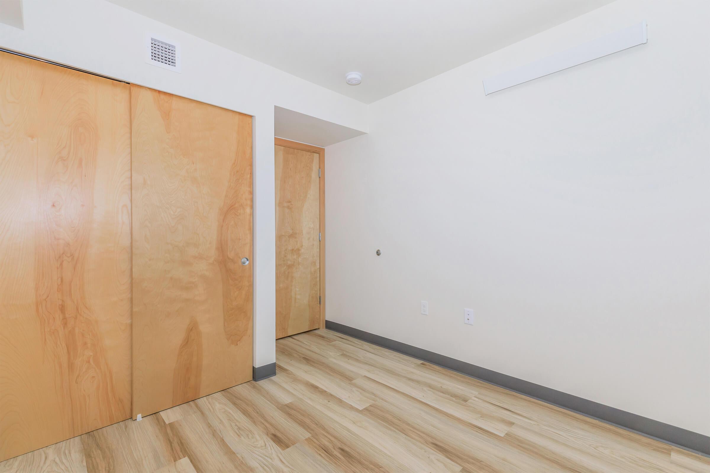 A minimalistic interior space featuring light wooden doors, a neutral-colored wall, and light wood flooring. One door is slightly open, revealing a second door beyond it. The room appears empty and well-lit, with no additional furniture or decorations visible.