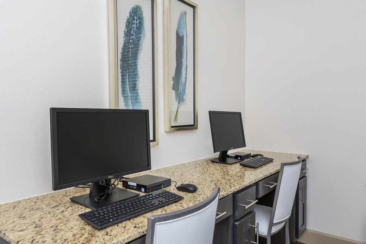 a desk with a computer on a table