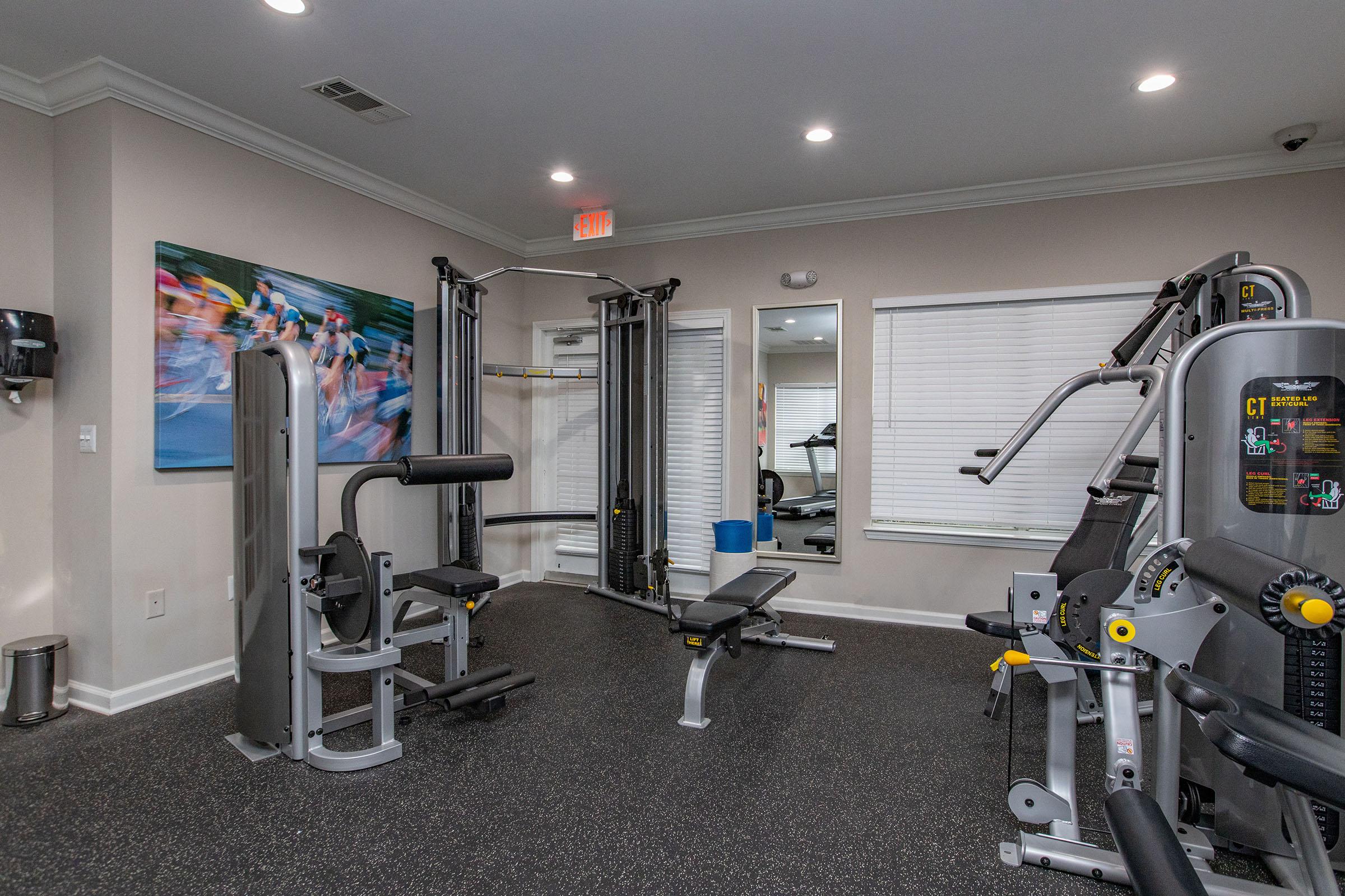 A modern gym interior featuring various workout equipment, including a multi-station weight machine, a bench, and a treadmill. The walls are painted a neutral color, and there is a large wall-mounted photo of athletes running in the background. The flooring is covered with dark rubber mats.