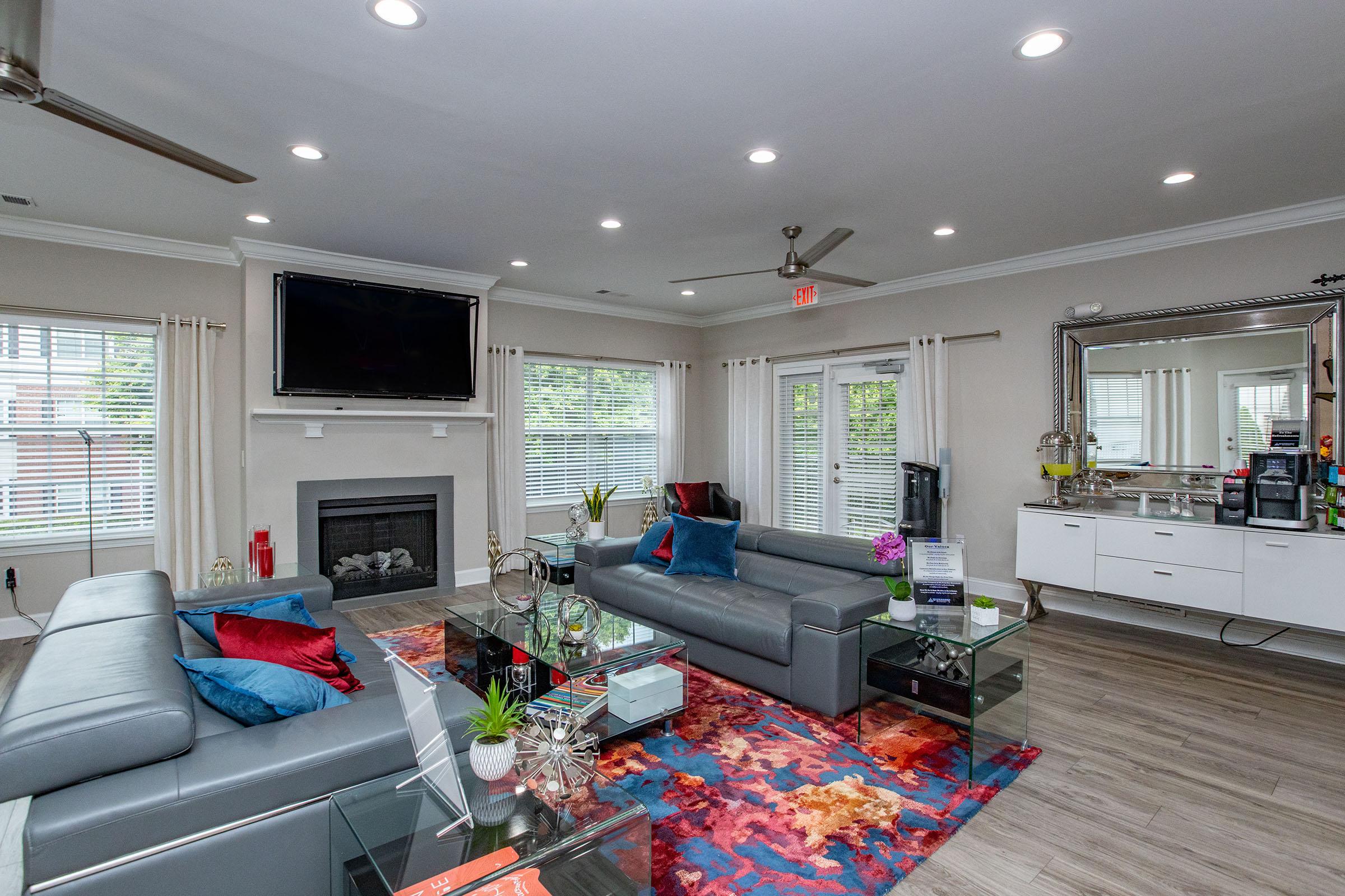 A modern living room featuring gray leather sofas with colorful cushions, a decorative area rug, a wall-mounted TV above a fireplace, and large windows providing natural light. There’s a glass coffee table with plants and decor, and a side console with a coffee maker and other items. The walls are painted in a light color, contributing to a bright and inviting atmosphere.