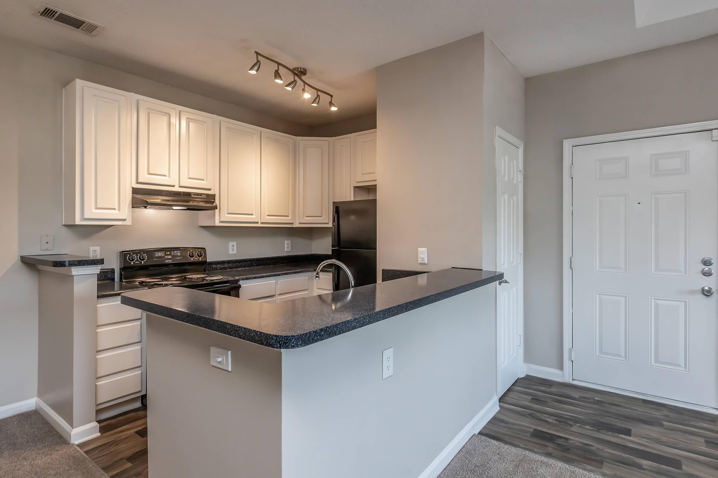 Modern kitchen with white cabinets and stainless steel appliances, featuring a black countertop that extends into a breakfast bar. The room has neutral-colored walls and wood-like flooring, with an entrance door visible in the background. The lighting is bright and welcoming.