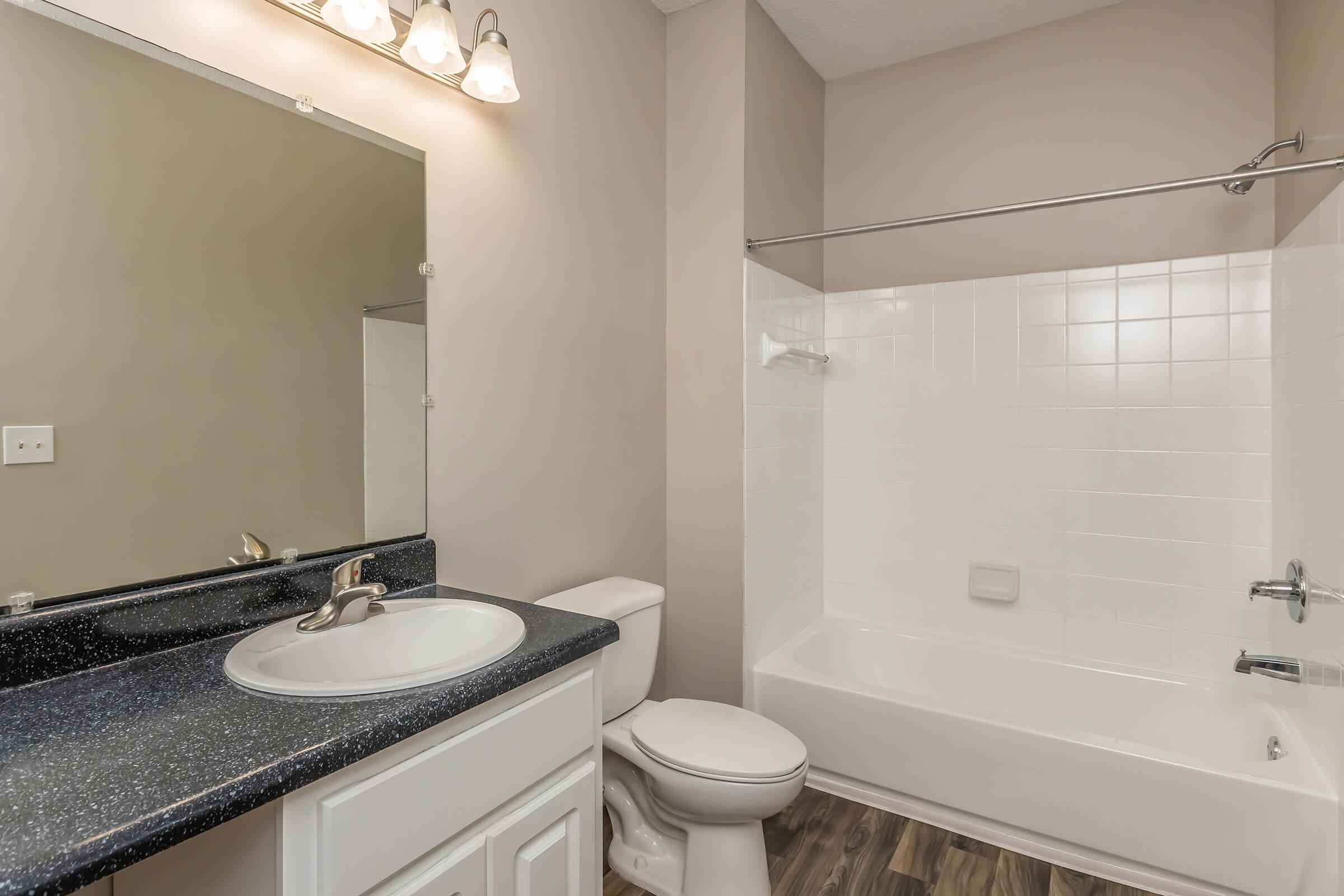 A clean and modern bathroom featuring a white bathtub with a shower, a toilet, and a dark countertop sink with a mirror above. The walls are light-colored, and the floor has a wood-like appearance. Soft lighting is provided by three light fixtures above the mirror.