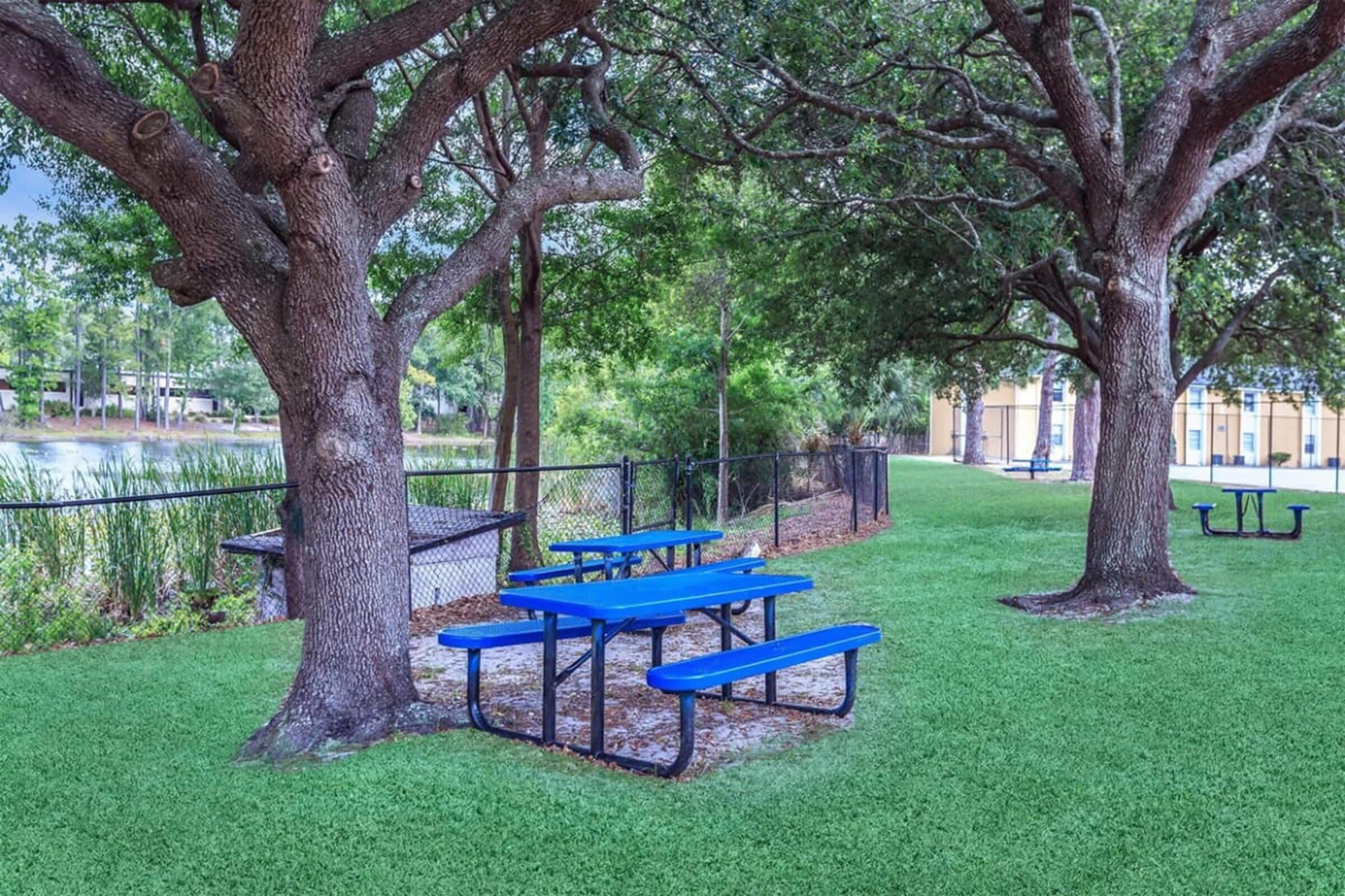 A blue picnic table set beneath large trees in a grassy area, with a fenced background. The scene is tranquil, featuring greenery and a soft landscape, suggesting a peaceful outdoor setting for gatherings or relaxation.