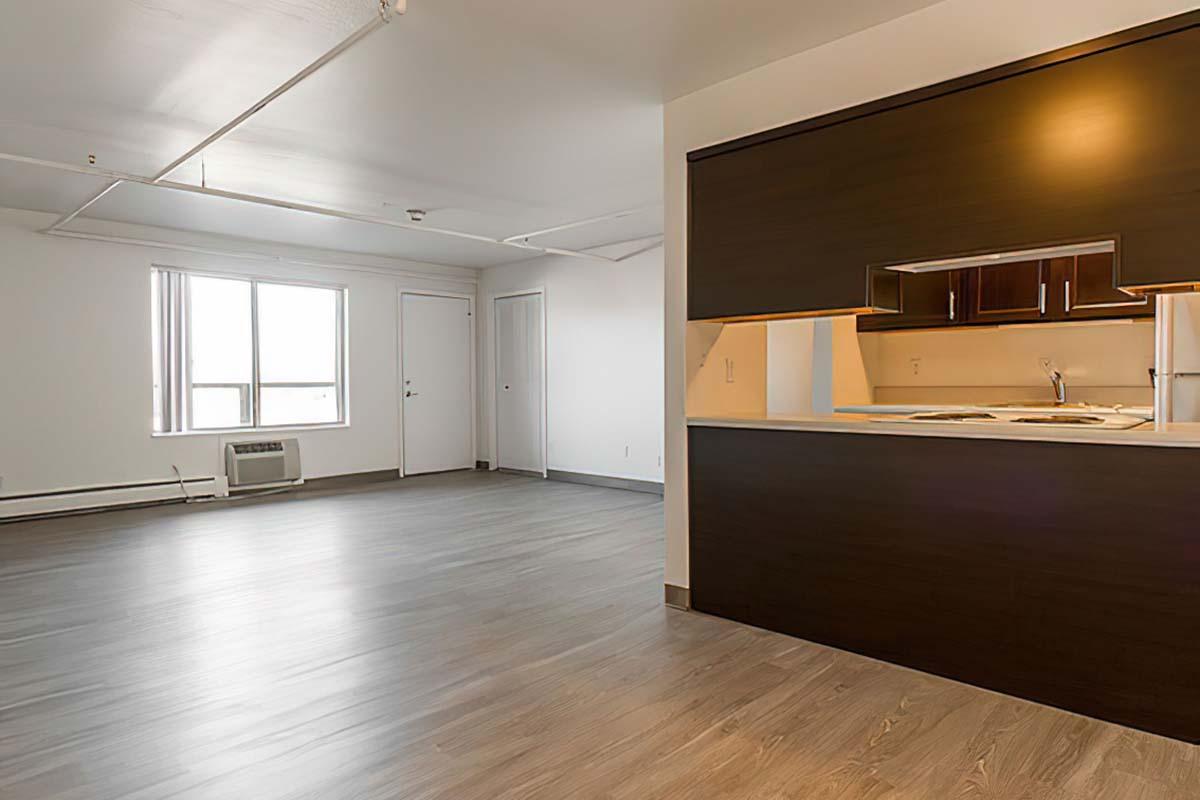 Modern interior of an apartment featuring a spacious living area with grey laminate flooring, a large window allowing natural light, and a section of the kitchen with dark cabinetry and a countertop.