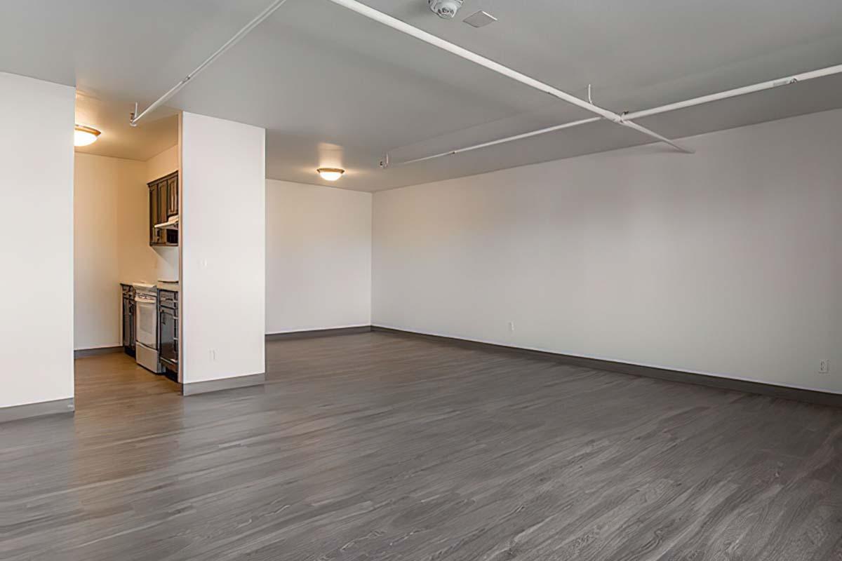 A spacious, empty modern living area with hardwood-style flooring.