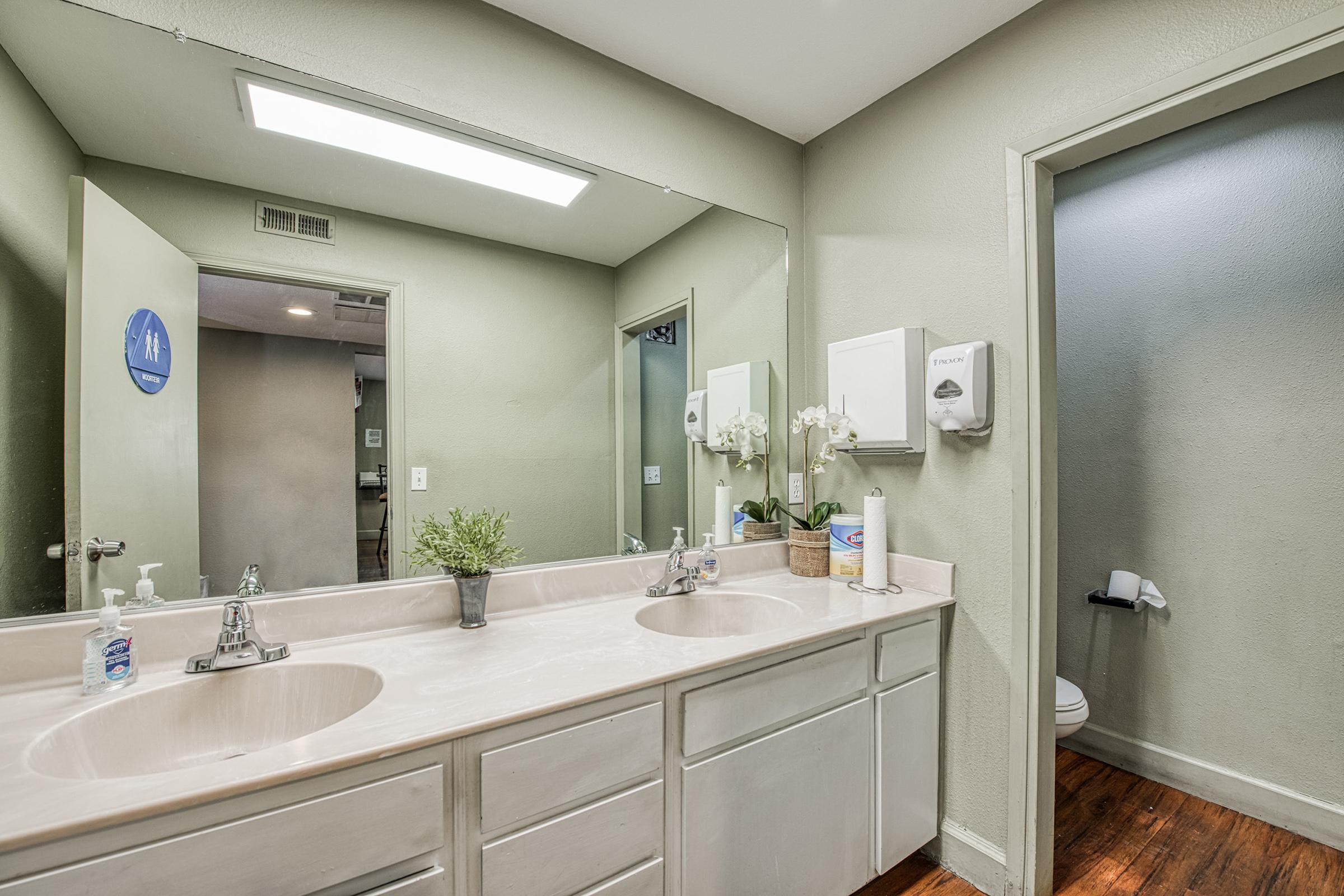 Modern bathroom with dual sinks, a large mirror, and neutral-colored walls. The space features a plant on the countertop, a soap dispenser, and a hand dryer mounted on the wall. An open door leads to a small restroom area with a toilet visible. Well-lit with fluorescent lighting.