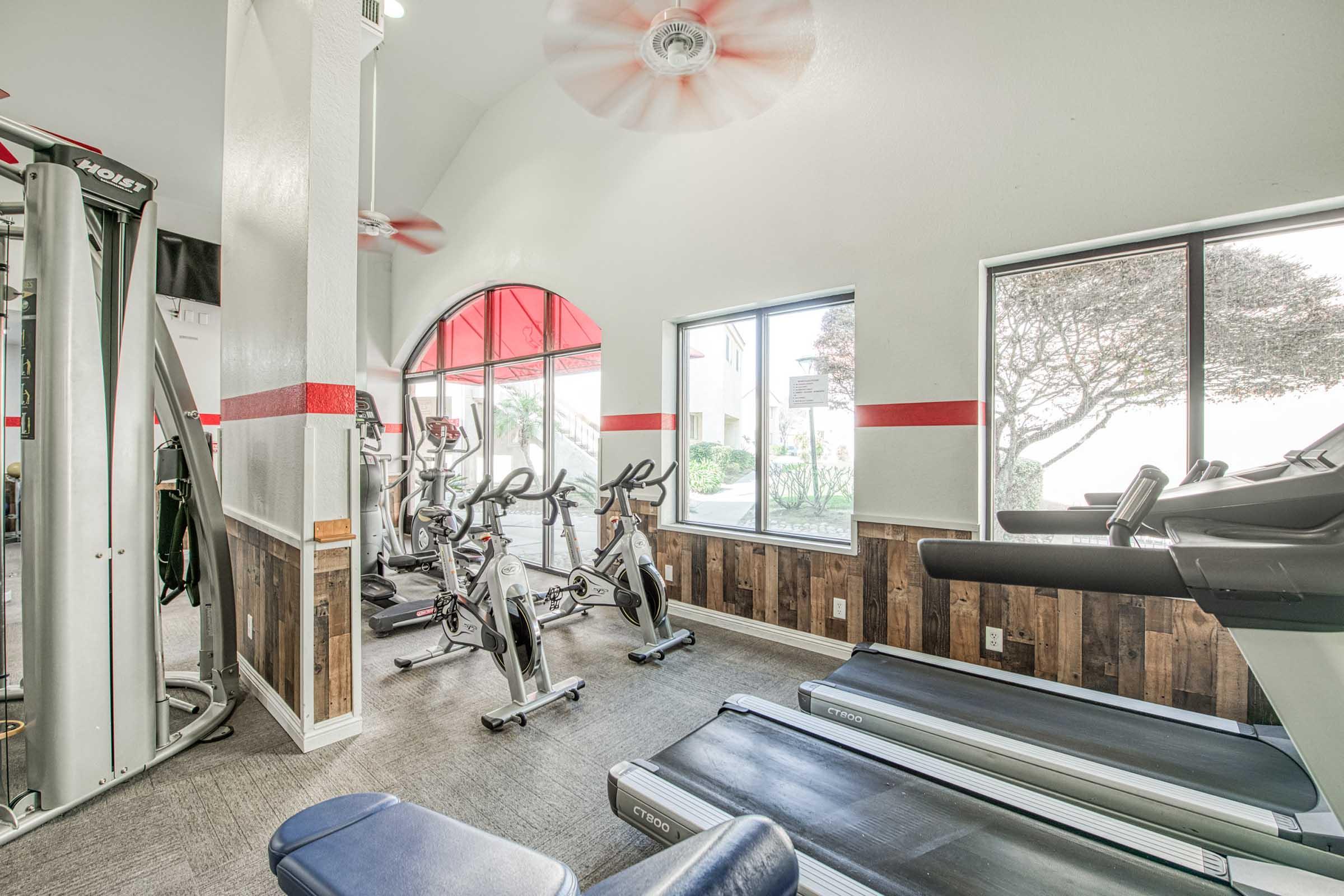 A bright and airy gym space featuring exercise equipment including treadmills and stationary bikes. Large windows allow natural light in, with a view of greenery outside. The walls are accented with wood and red stripes, creating a welcoming atmosphere for workouts.