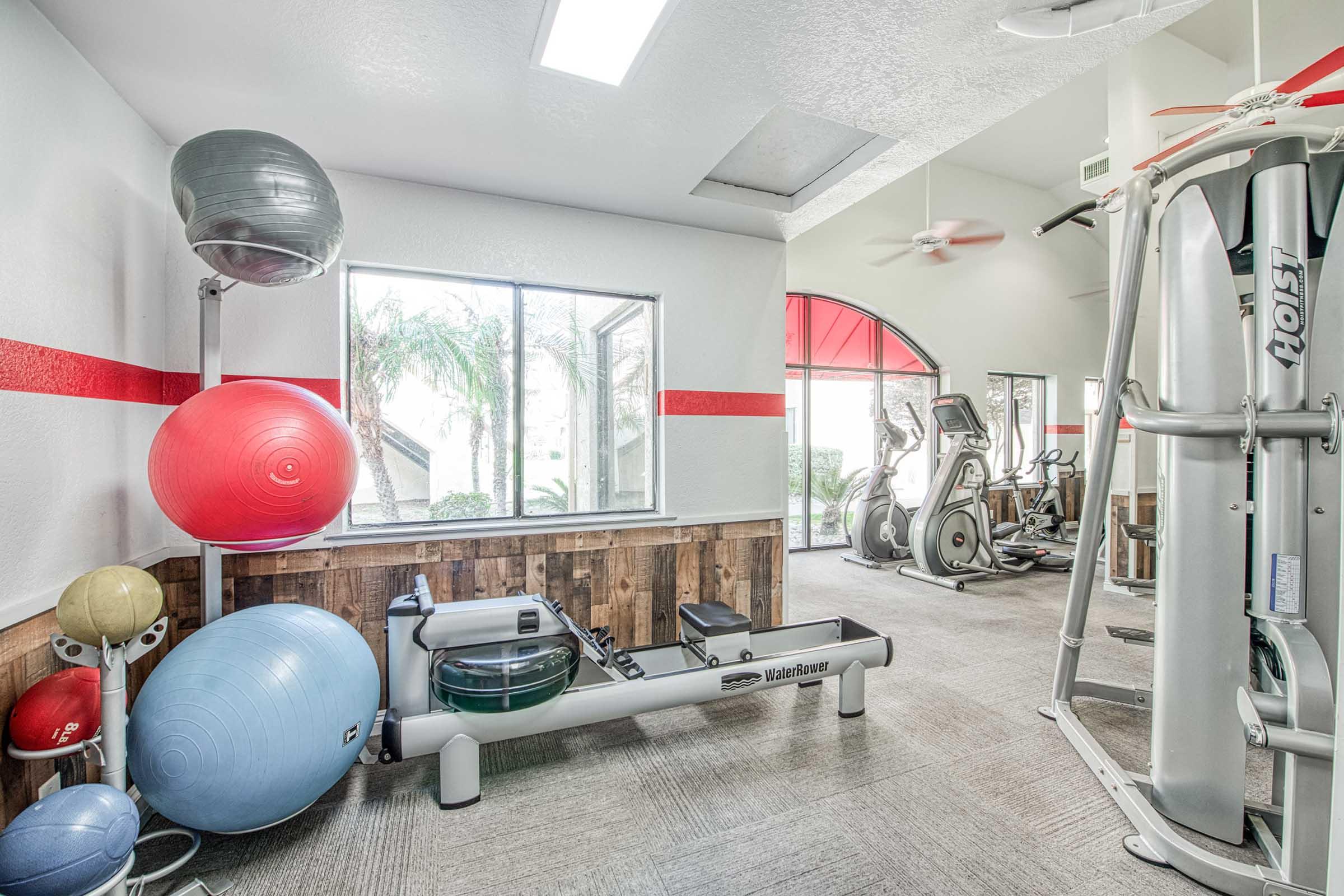 A well-lit gym featuring exercise equipment, including an elliptical machine, a rowing machine, and various fitness balls in red, blue, and gray. Large windows provide natural light and a view of outdoor greenery. The space has a modern, clean design with wooden accents on the walls.