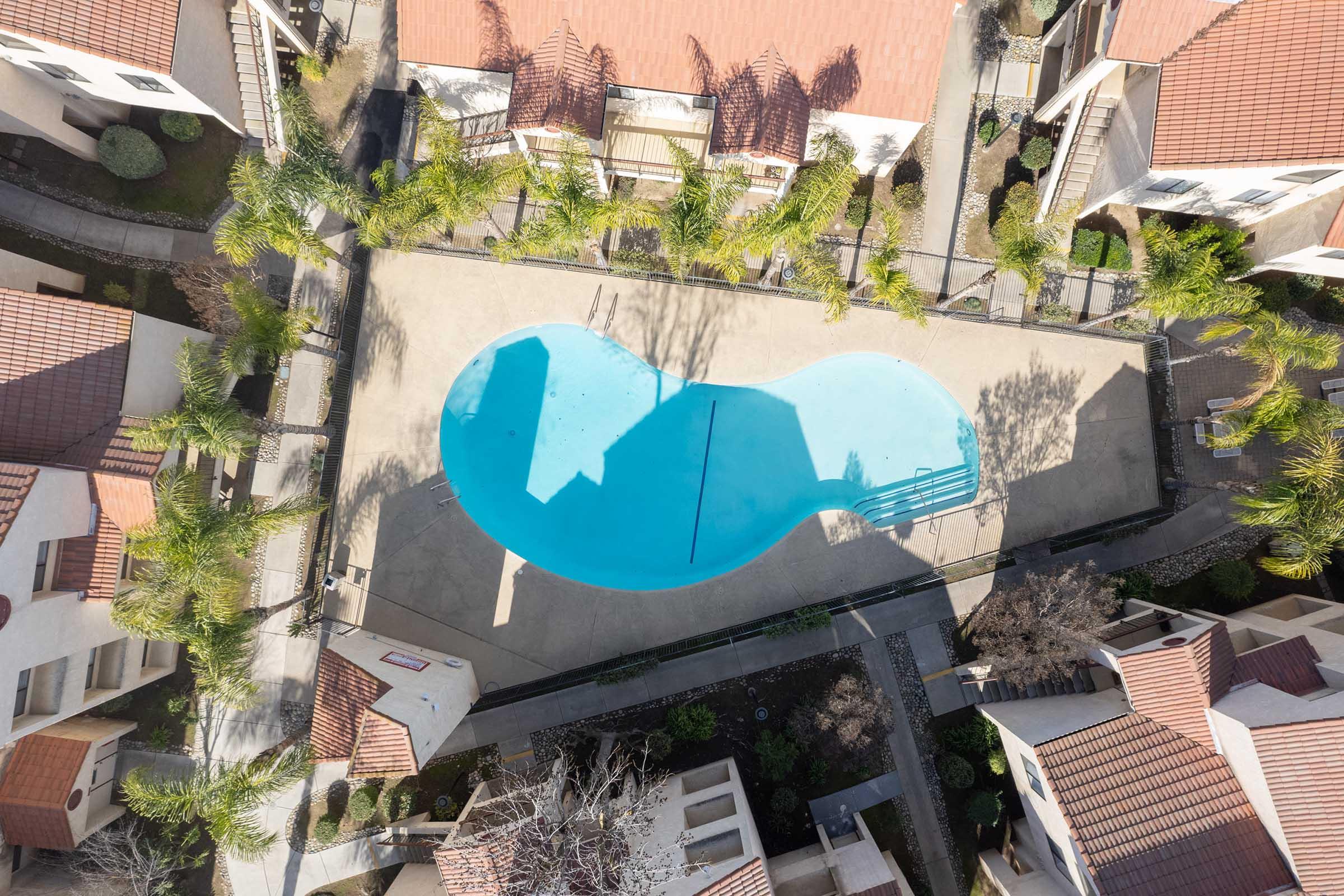 Aerial view of an oval-shaped swimming pool surrounded by palm trees and residential buildings with red-tiled roofs. The pool area is paved, and there are pathways leading to the homes, providing a serene atmosphere in a sunny environment.