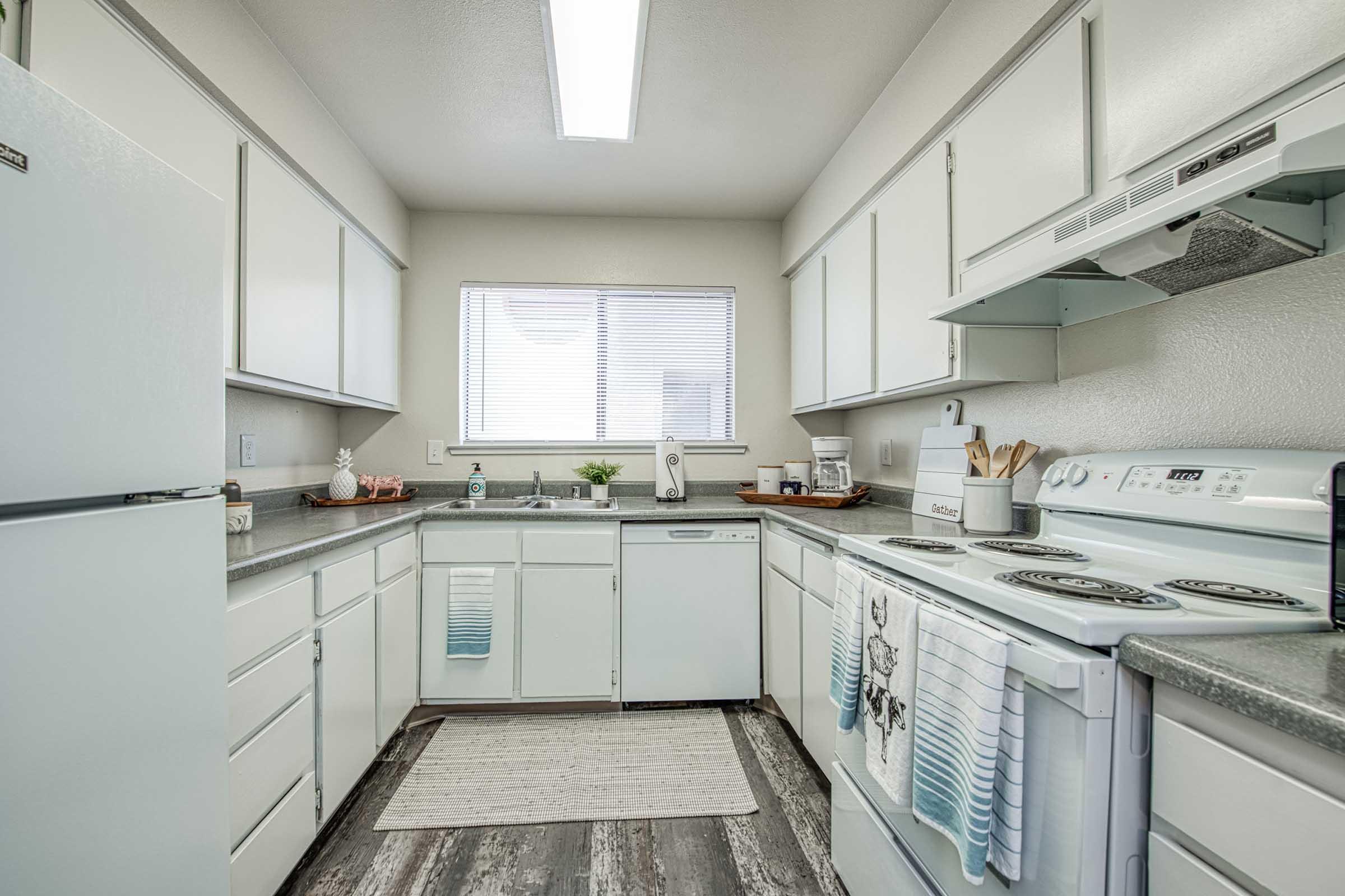 Bright, modern kitchen featuring white cabinets and countertops, a window letting in natural light, stainless steel appliances, and a decorative rug. The space is organized with utensils and kitchenware visible on the countertops, creating a clean and inviting atmosphere.