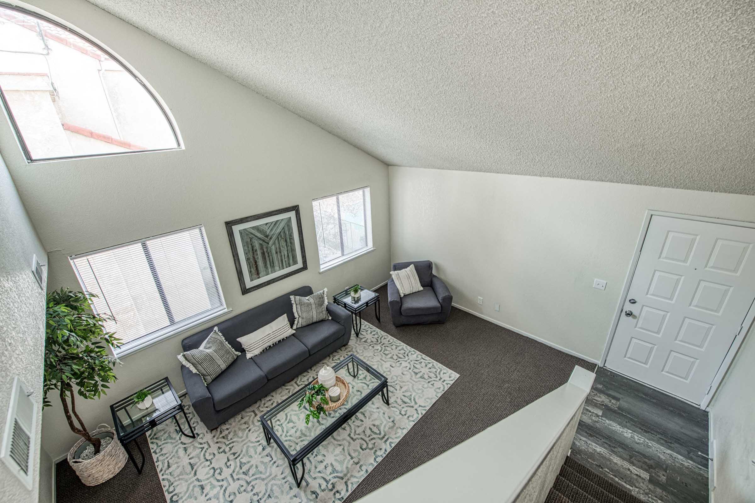 A bright and airy living room with a high ceiling, featuring a gray sofa, armchair, and a stylish coffee table on a light-colored area rug. Large windows allow natural light to fill the space, and a decorative plant adds a touch of greenery. The entrance door is visible in the image.