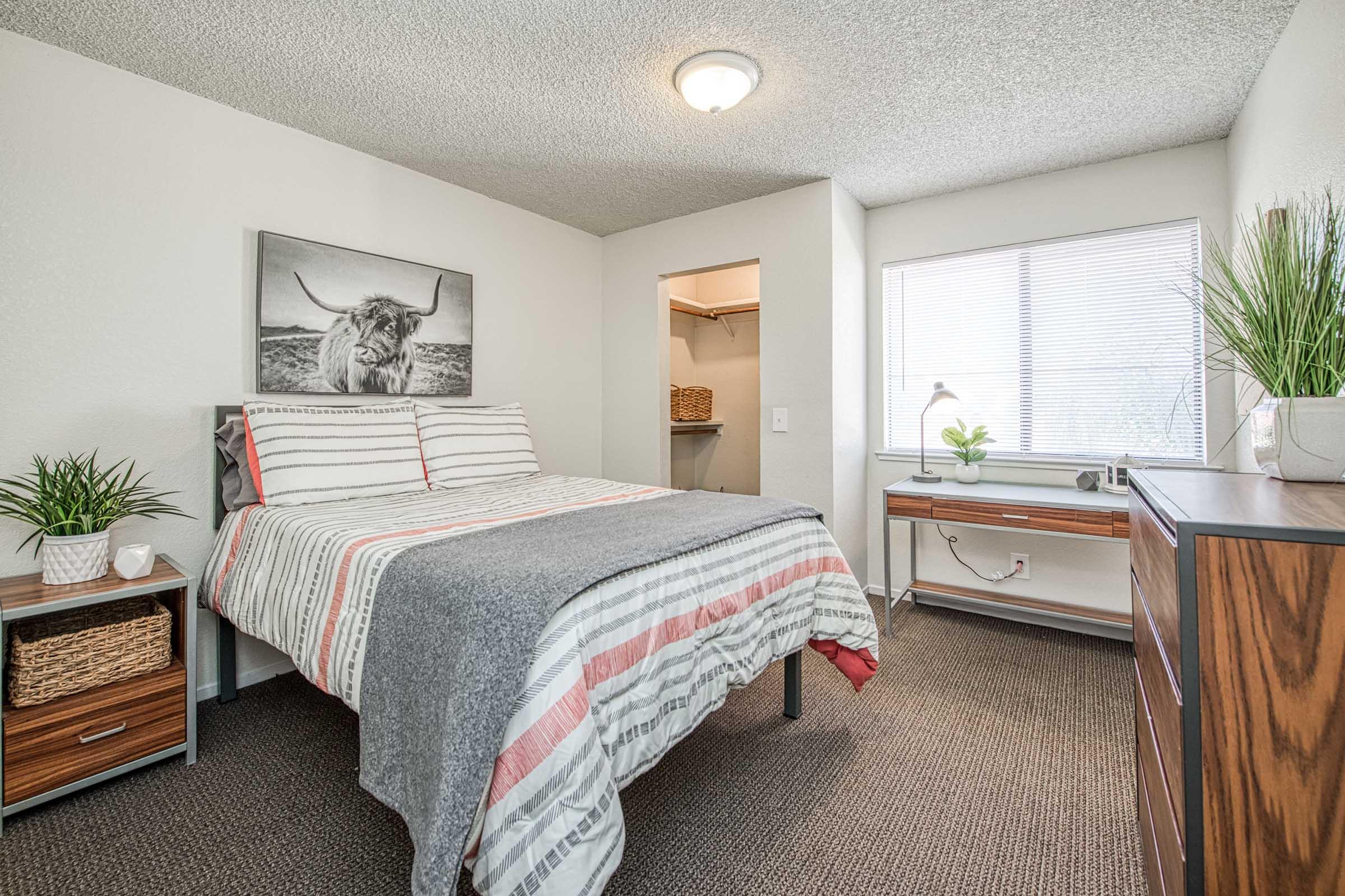 A cozy bedroom featuring a queen-sized bed with striped bedding. A large window allows natural light to flood the room, complemented by a potted plant on a wooden desk. There's a closet space visible, and the room has a textured ceiling and carpet flooring, creating a warm and inviting atmosphere.