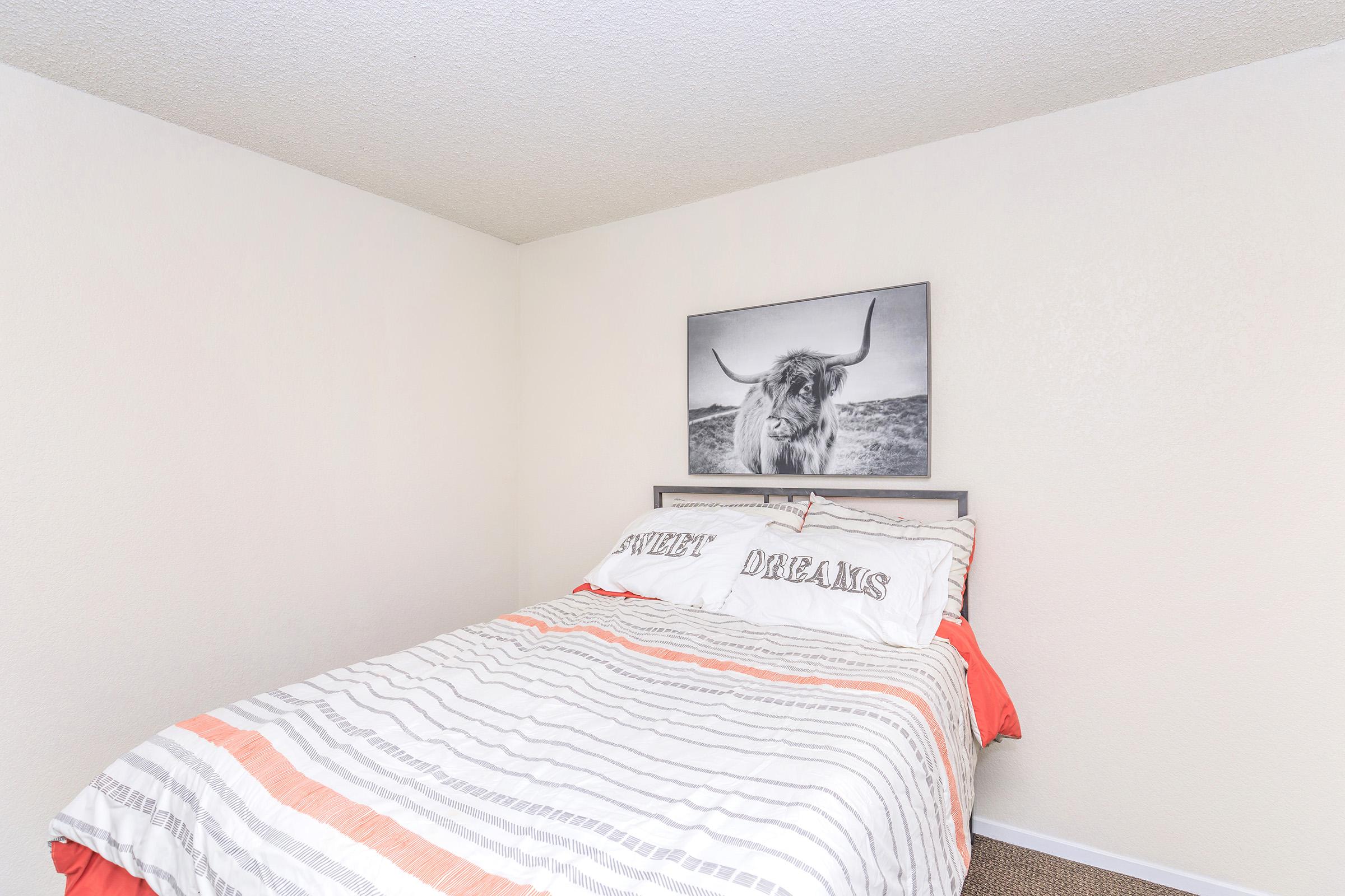 A cozy bedroom featuring a neatly made bed with striped bedding in shades of white, gray, and coral. Above the bed hangs a black and white photograph of a Highland cow, adding a touch of rustic charm to the simple, light-colored room. The walls are painted neutral, enhancing the room's serene atmosphere.