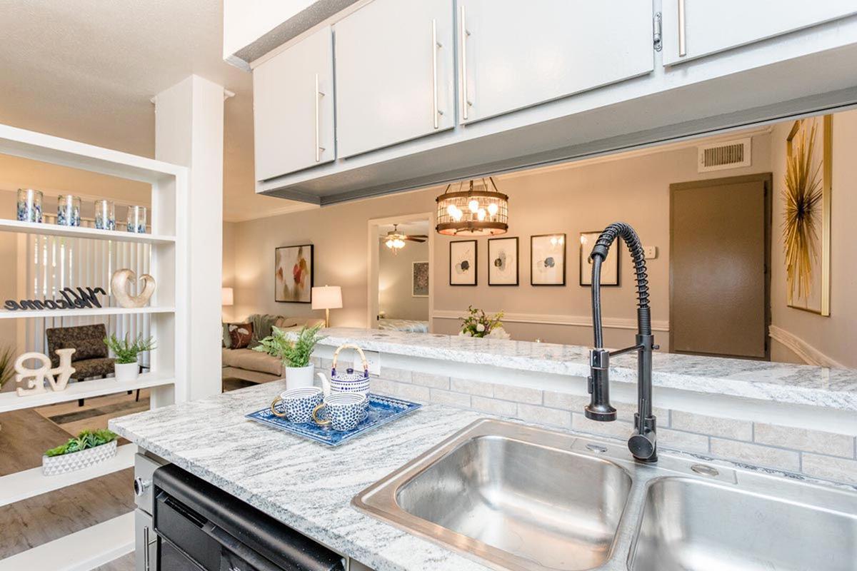 A modern kitchen featuring granite countertops, a double sink, and a black dishwasher. The kitchen opens to a living area with art on the walls and soft lighting. Decorative plants are on the counter, and there is a serving tray with dishware. The overall decor is stylish and inviting.