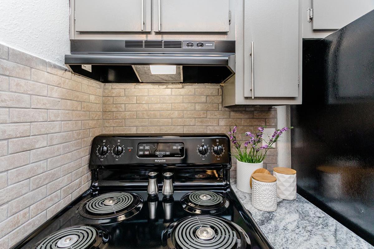 A black kitchen stove with four burners, situated under a stainless steel range hood. The backsplash features light-colored tiles, and there are two decorative planters with flowers and utensils on the countertop, along with a speckled countertop surface.