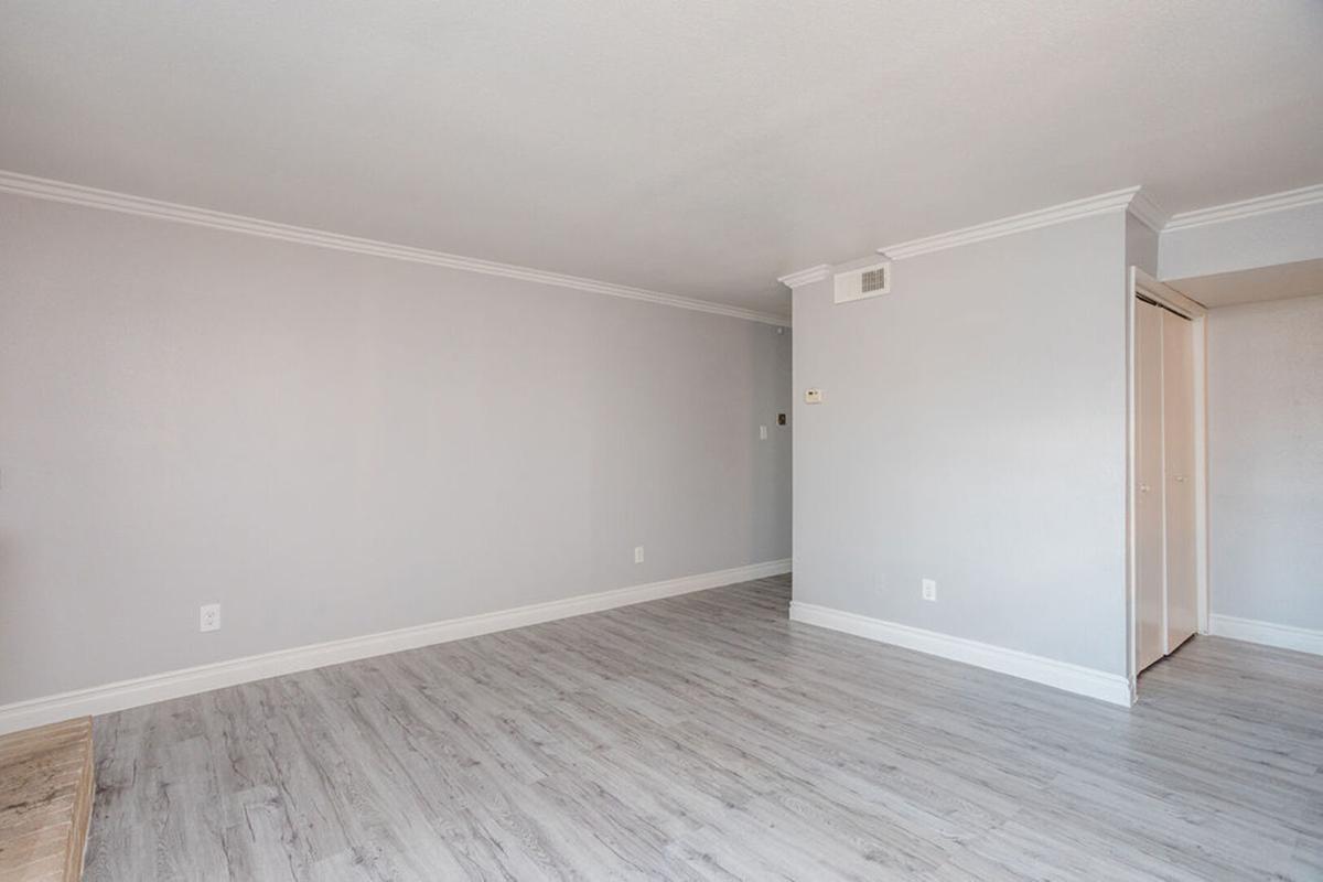 A spacious, empty room with light gray walls and light wood flooring. The room features a simple design with crown molding, one wall without windows, and a doorway on the right leading to another space. The overall ambiance is bright and modern.