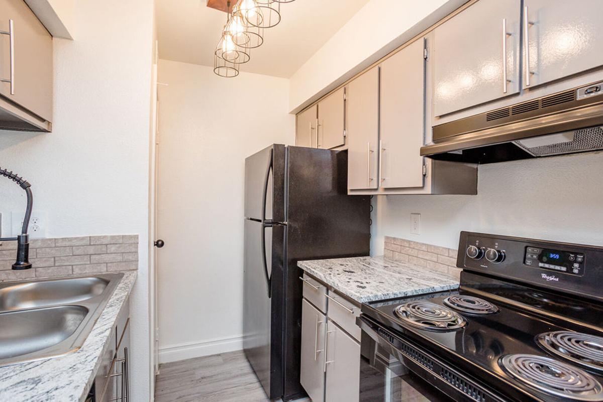 A modern kitchen featuring light-colored cabinets, a black refrigerator, a stainless steel oven, and a granite countertop. The layout is compact with a dual sink and a subtle tile backsplash. A pendant light fixture hangs from the ceiling, adding a stylish touch to the space.