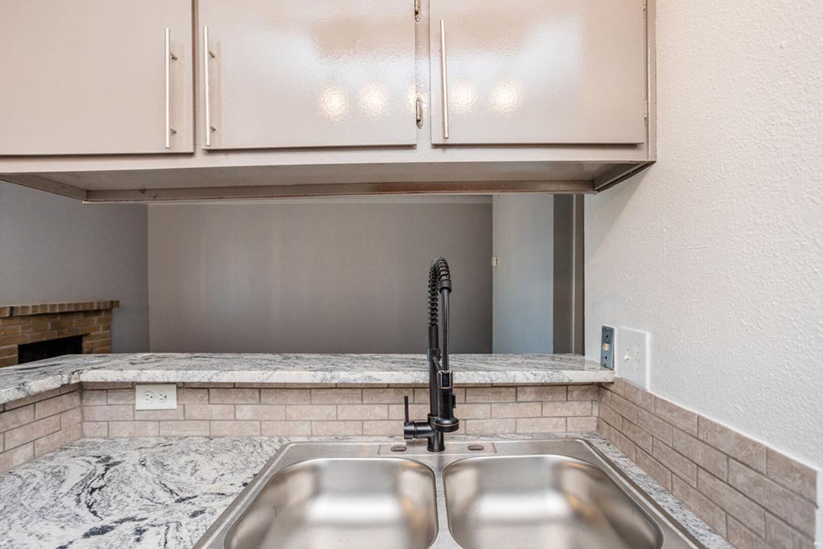 A modern kitchen sink area featuring a double basin, sleek granite countertop, and a stylish black faucet. The cabinetry above is a light beige, complementing the overall aesthetic. In the background, a hint of a living area is visible, adding a sense of open space to the kitchen design.