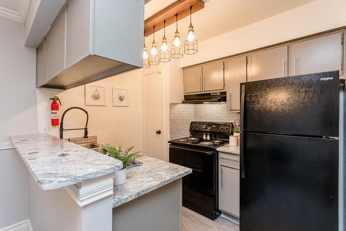A modern kitchen featuring gray cabinets, a black refrigerator, and a black stove. The countertop is made of granite with a small potted plant on it. Pendant lights hang above the counter, and there's a fire extinguisher mounted on the wall. The space is well-lit and has a contemporary design.