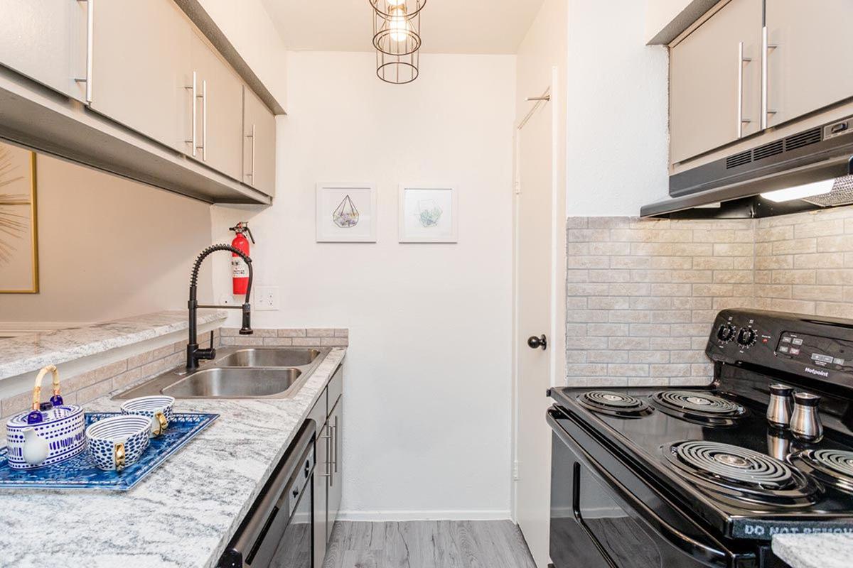 Modern kitchen with grey granite countertops, black appliances, and stainless steel fixtures. A double sink is beside a wall-mounted fire extinguisher. Above the stove, there are two framed pictures on the wall. A small decorative tray with blue and white dishware sits on the countertop.