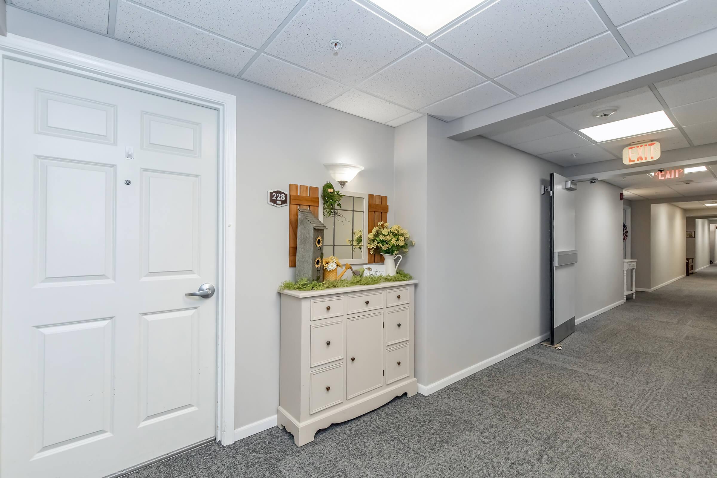 A well-lit hallway featuring a white door with a brass doorknob, a small cream-colored dresser adorned with flowers and decorative items, and a wall-mounted mirror. The walls are painted light gray, and carpeted flooring creates a cozy atmosphere. Dim lighting fixtures add a warm touch to the space.