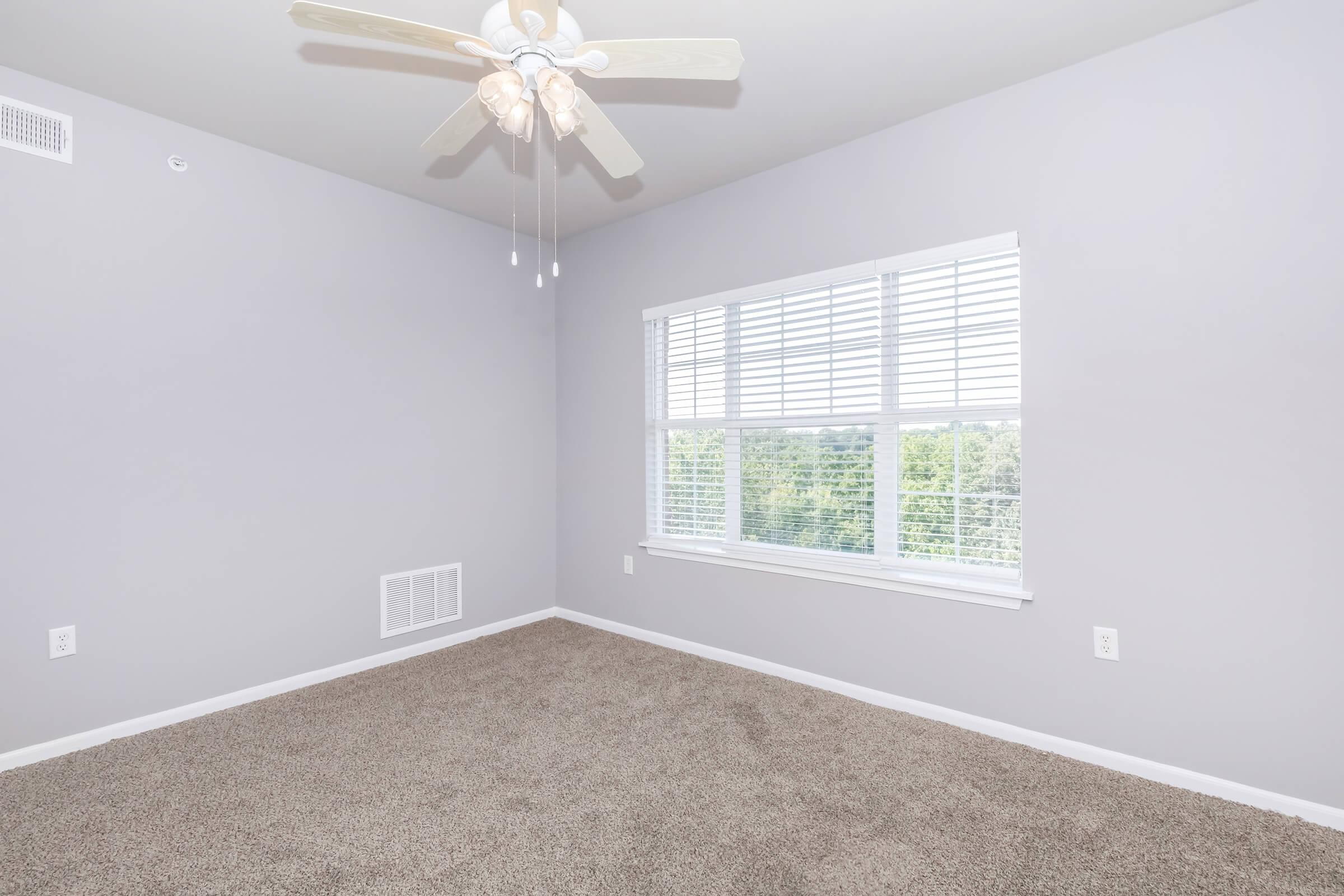 A spacious, empty room featuring light gray walls and a soft carpeted floor. A ceiling fan is installed, and a large window provides natural light and a view of greenery outside. The space is ready for furnishing, creating a bright and inviting atmosphere.