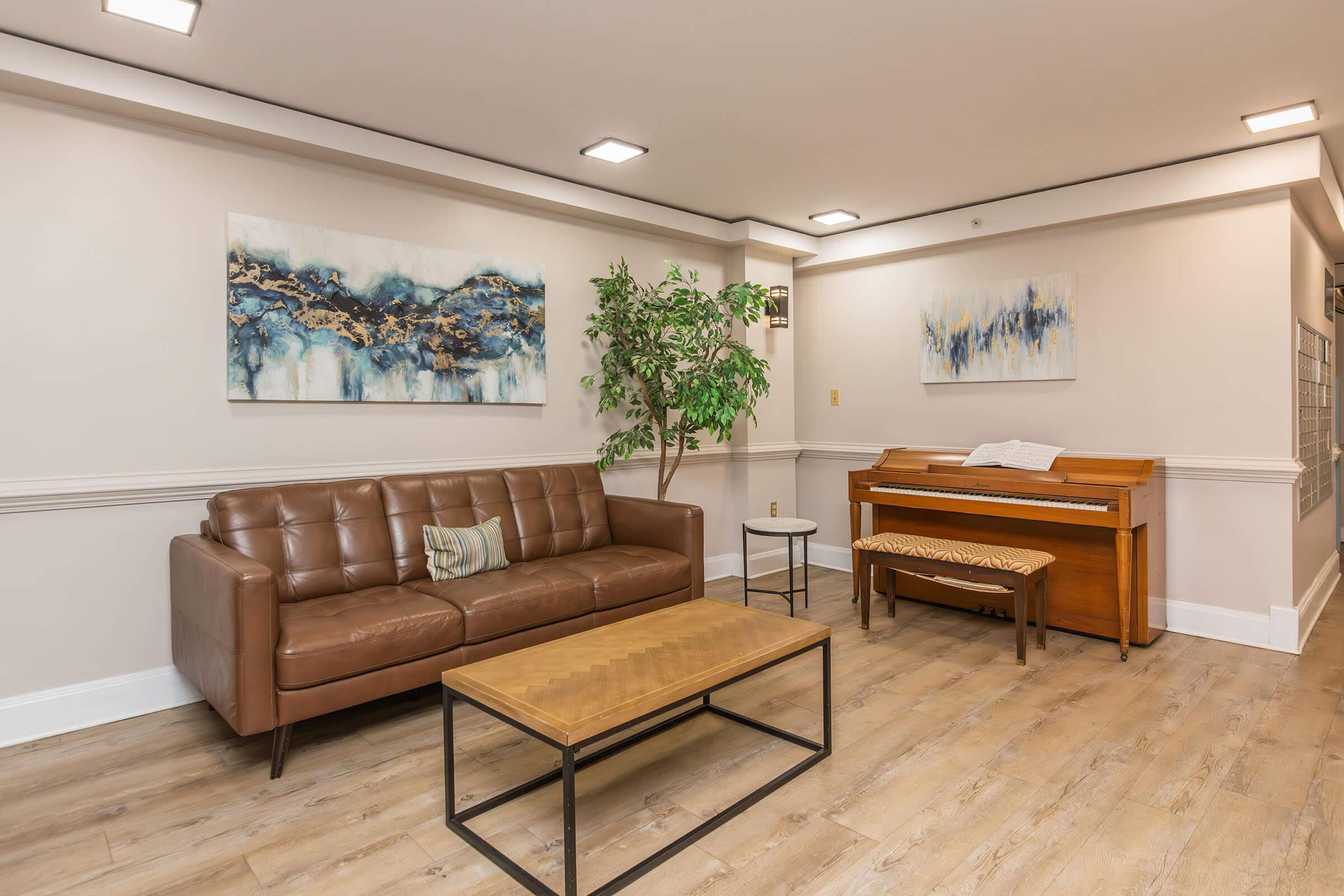 a living room with a wooden floor