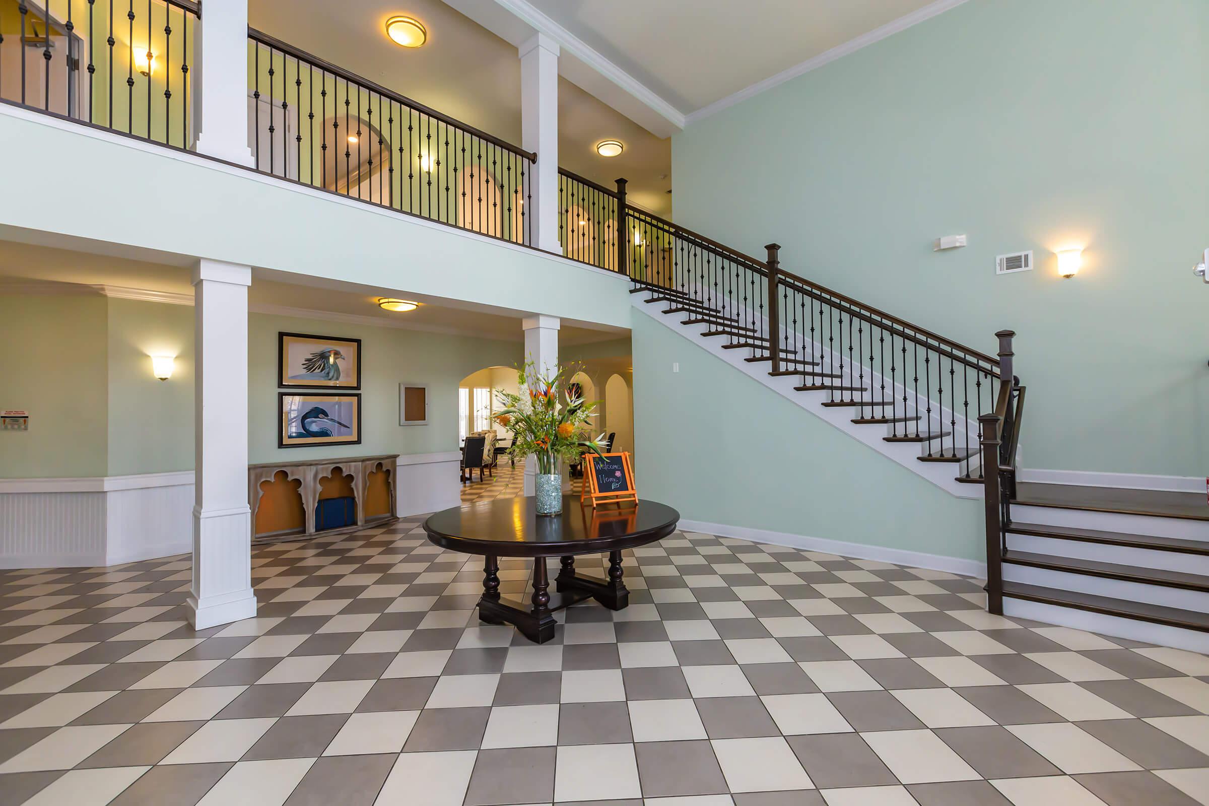 a room with a tile floor