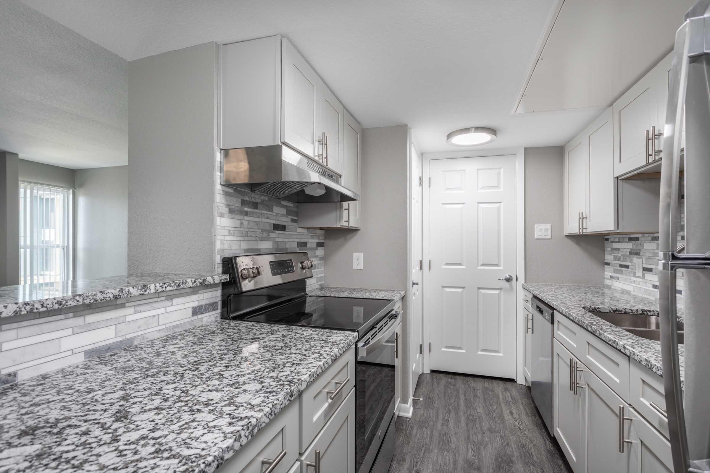 Modern kitchen featuring granite countertops, stainless steel appliances, and light gray cabinetry. The space includes a smooth cooktop, built-in oven, and a spacious sink. Brightly lit with natural light, it has a clean, contemporary design and a door leading to an adjacent room.