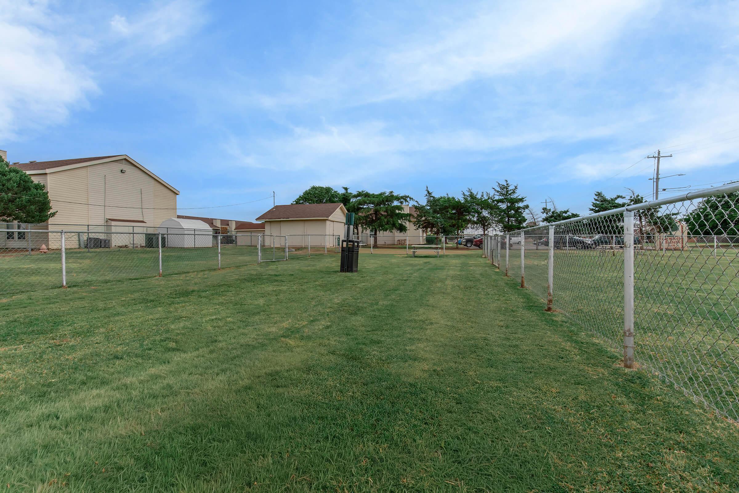 A grassy area enclosed by a chain-link fence, with several small trees and two light-colored buildings in the background. A trash can is visible on the grass, and the sky is clear with soft, wispy clouds.