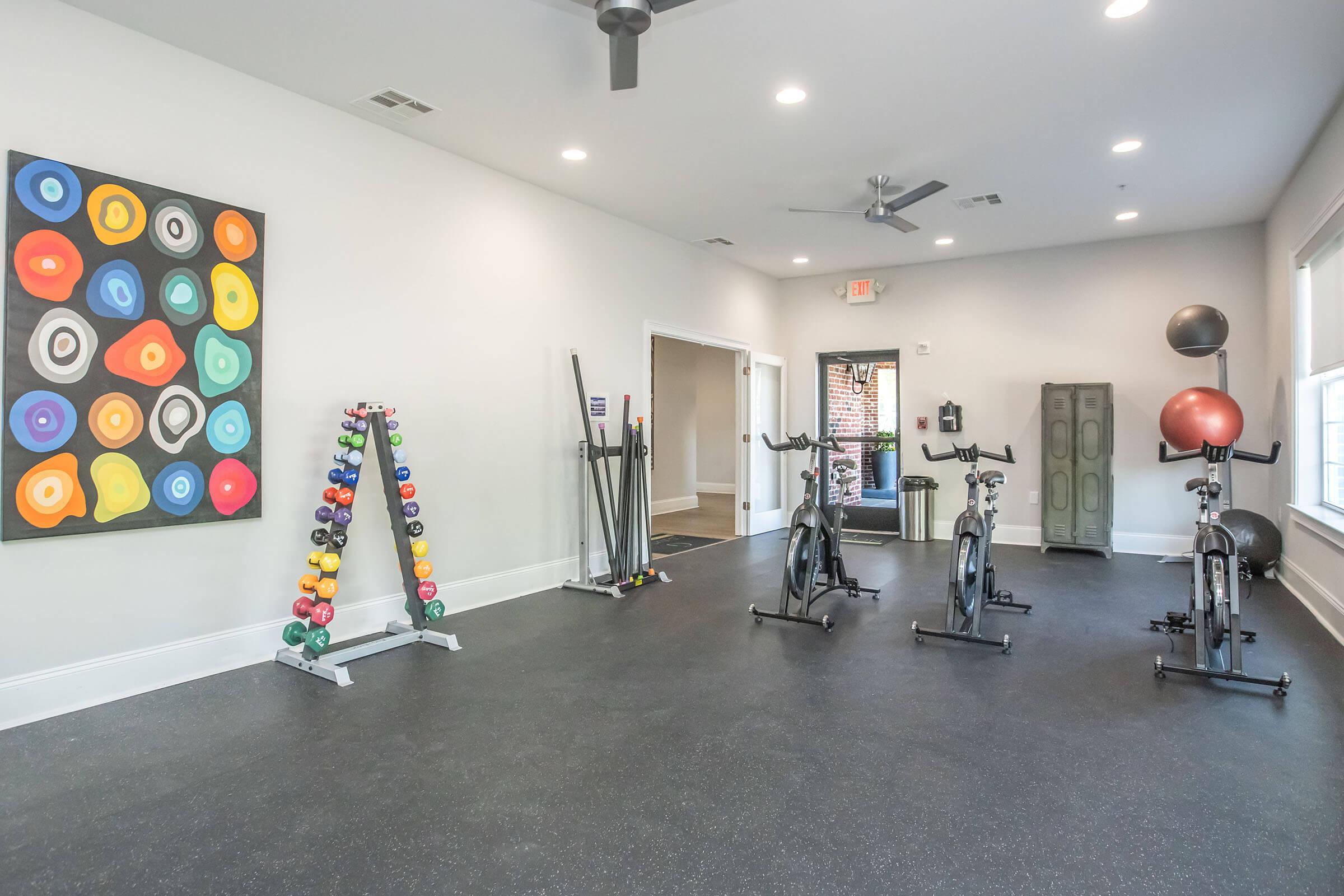 A well-lit modern gym with exercise equipment, including stationary bikes and weight racks. Colorful wall art adds vibrancy to the space. The floor is black rubber, and there are large windows allowing natural light to enter.