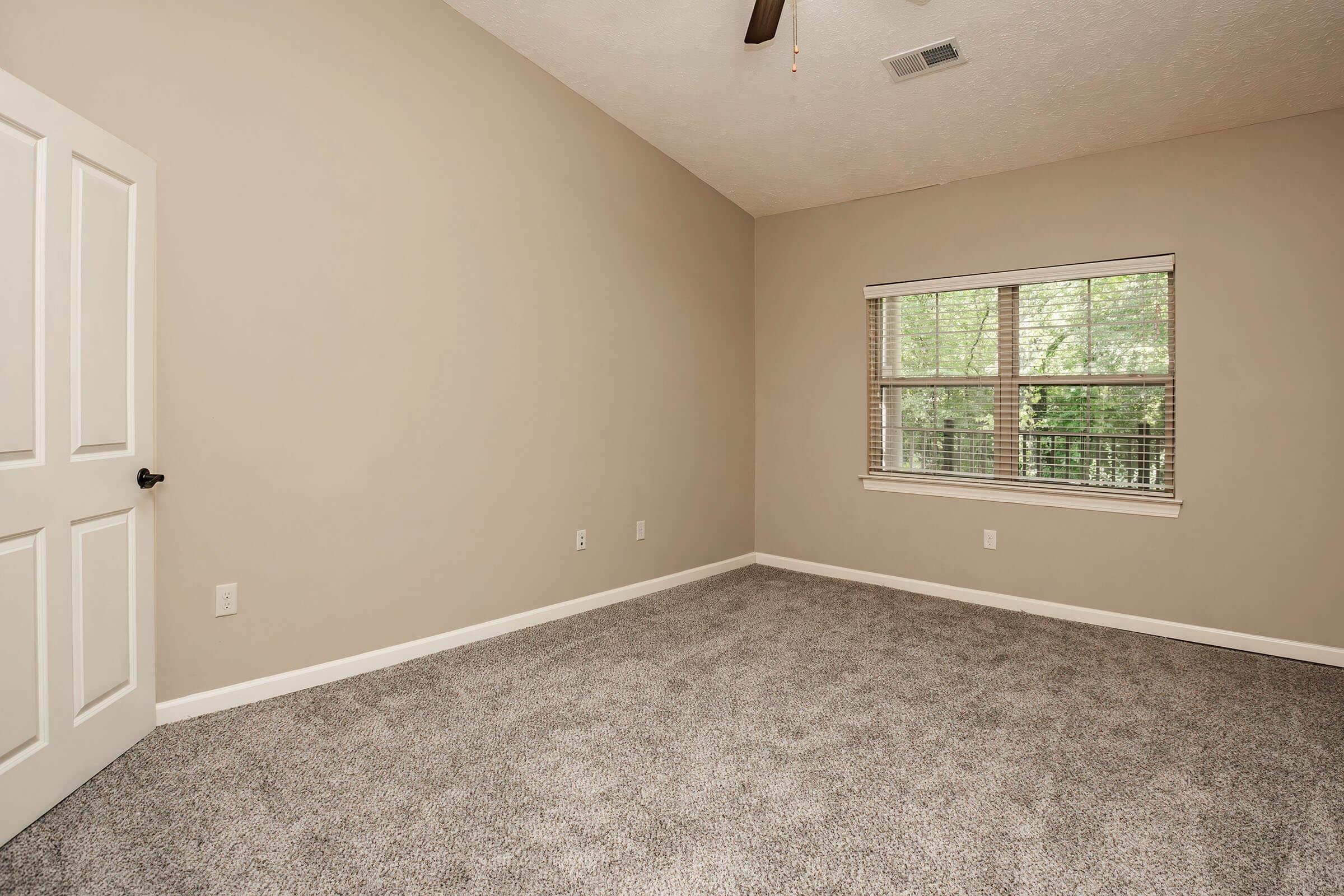Empty room with light beige walls and a textured gray carpet. A single window with blinds allows natural light in, and there is a ceiling fan above. A white door is visible on the left side, and the space appears clean and uncluttered, suitable for decoration or furniture arrangement.