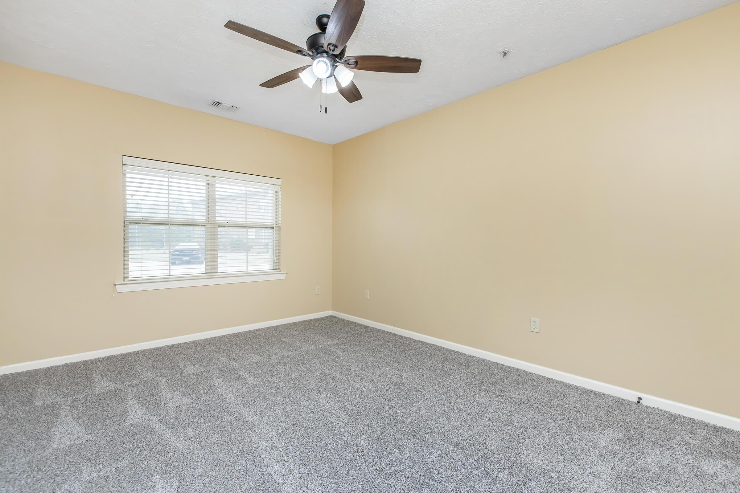 Bedroom with large window and ceiling fan with light kit