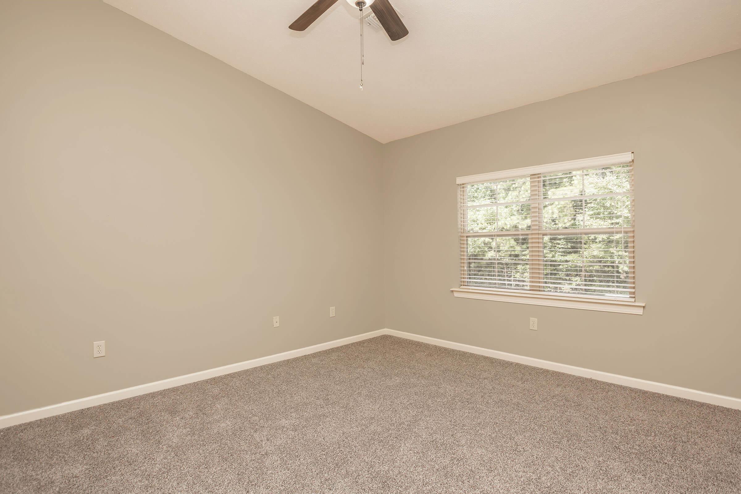 Empty room with light gray walls and carpeted floor. A ceiling fan is visible, and there's a window with several horizontal blinds allowing natural light to enter. The room has a spacious feel with no furniture present.