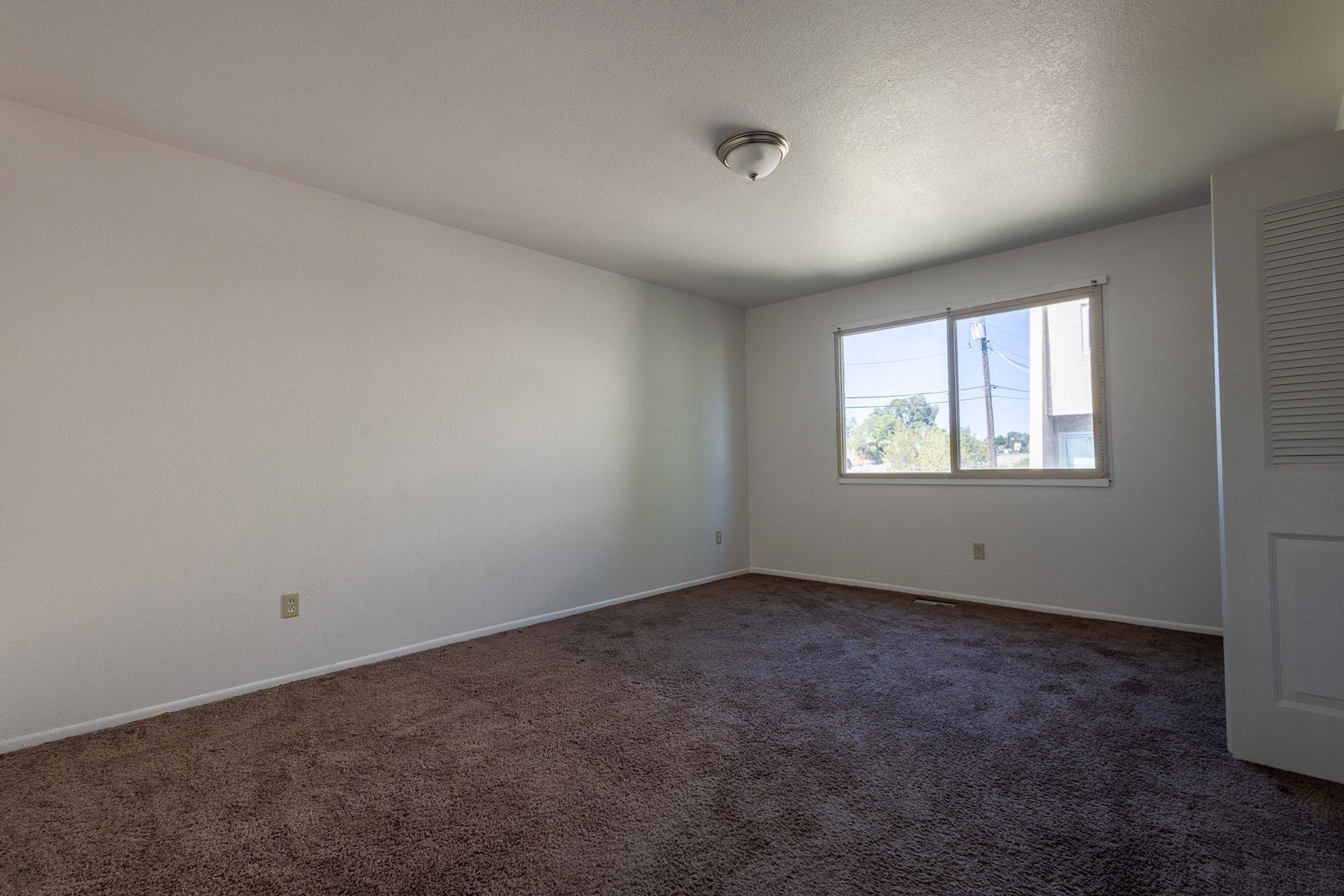 A vacant room with light gray walls and brown carpet. There's a single window allowing natural light, and a ceiling fixture providing overhead lighting. The room has no furniture or decorations, creating an empty and airy feel, with a door on the right side leading to another area.