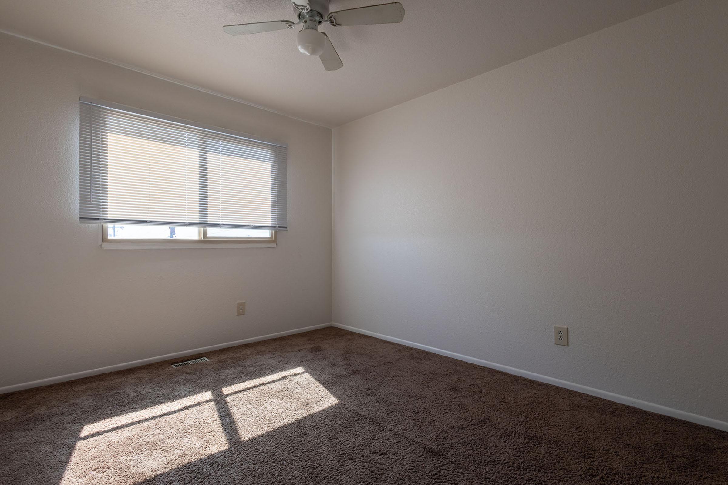 A sparsely furnished room with beige carpet, a window featuring closed blinds allowing natural light to filter in, and a ceiling fan. The walls are painted white, creating a bright and airy atmosphere, with a shadow cast on the floor from the window.