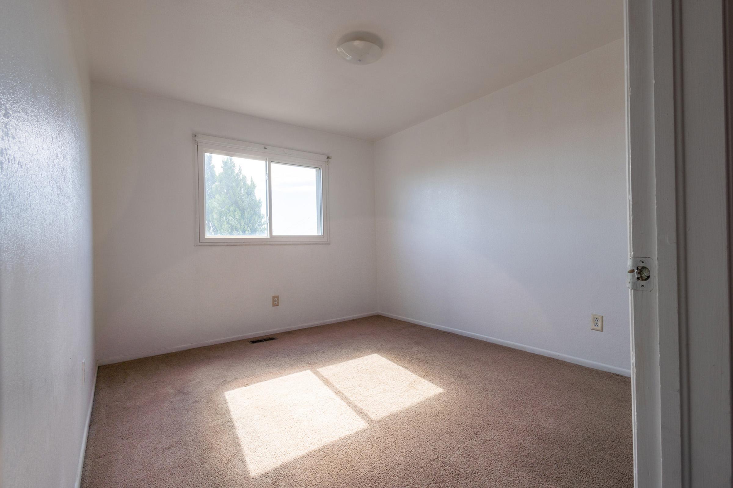 A vacant room with light beige carpeting and white walls. A window with natural light entering from the left, casting a shadow on the floor. The room appears empty and unfurnished, creating a spacious and clean atmosphere. A simple ceiling light is visible.