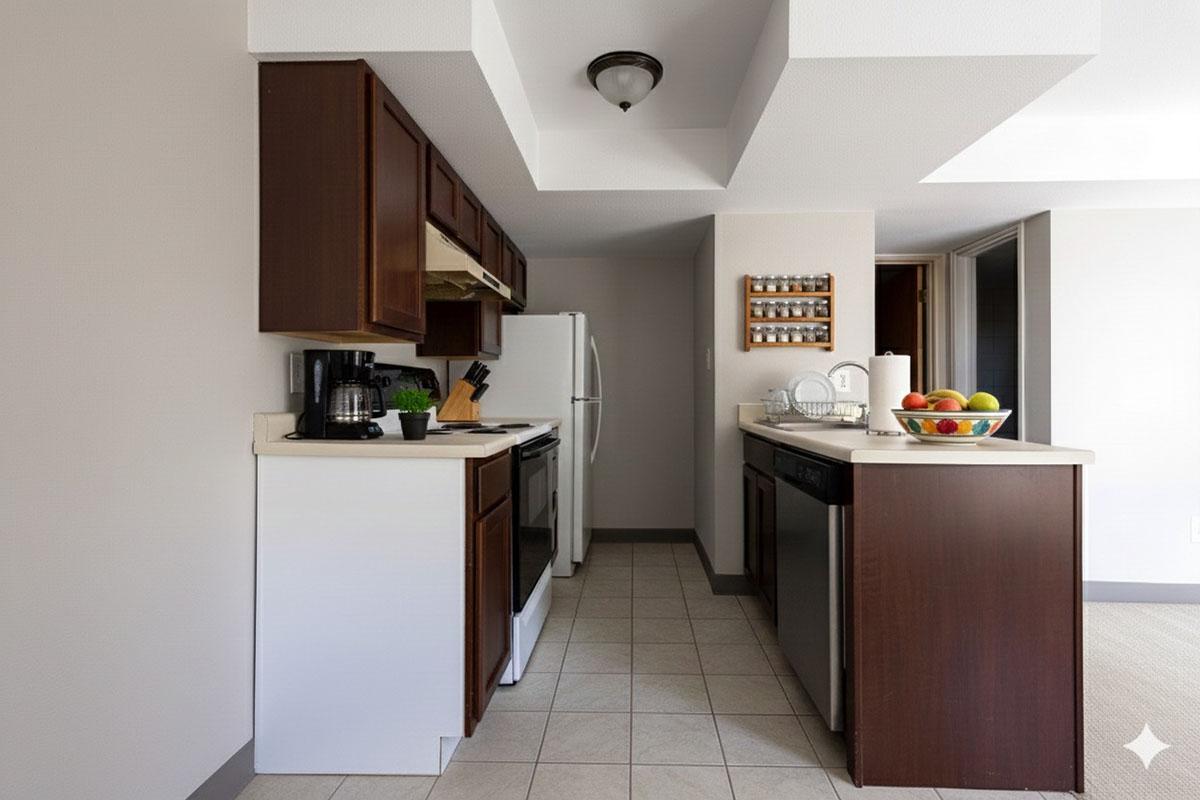 A modern kitchen featuring dark wood cabinets, white appliances including a refrigerator and stove, a coffee maker, and a countertop with a bowl of colorful fruit. The space is well-lit with neutral walls and tiled flooring, providing a clean and functional cooking area.