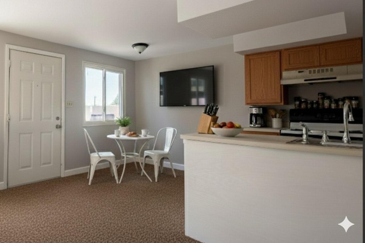 A cozy kitchen area featuring a small dining table with two white chairs, a wall-mounted TV, and a door leading outside. The kitchen counter is equipped with a sink and a knife block, and shelves display jars and canned goods, all set against a neutral wall color and carpet flooring.