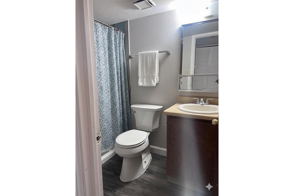 A small bathroom featuring a toilet, a sink with a mirror, a wooden cabinet, and a shower area with a curtain. The walls are painted light gray, and there is a towel hanging on a rack. The floor has dark vinyl flooring, and a ceiling light is visible.