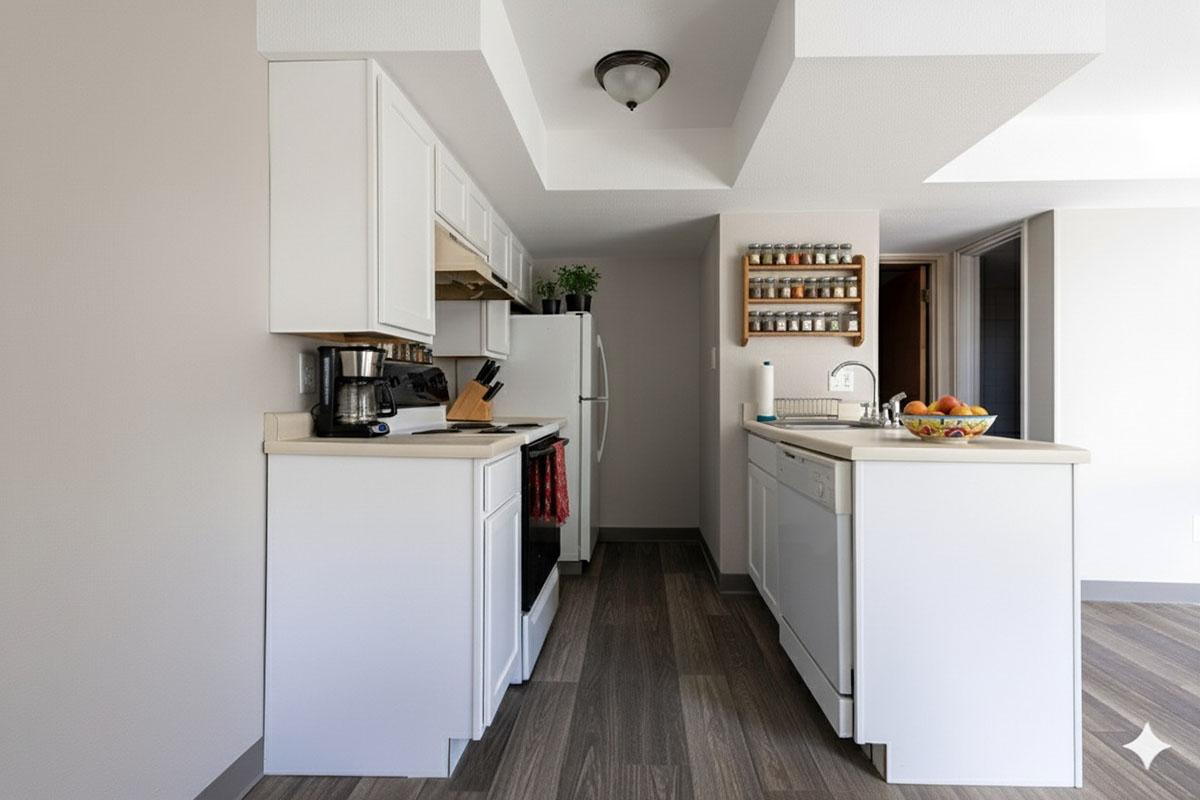 A modern kitchen featuring white cabinetry, a black stove, and a refrigerator. There's a small island with a dishwashing area, and a bowl of fruit on the counter. A spice rack is mounted on the wall, and the floor has a wood-like finish, creating a bright and inviting atmosphere.