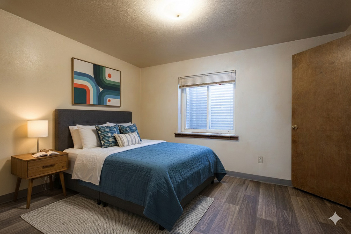A cozy bedroom featuring a queen-sized bed with a blue blanket, decorative pillows, and a bedside lamp on a wooden nightstand. A large window with blinds allows natural light in. The wall artwork has colorful geometric designs, and the room has a warm, inviting feel with wood flooring.