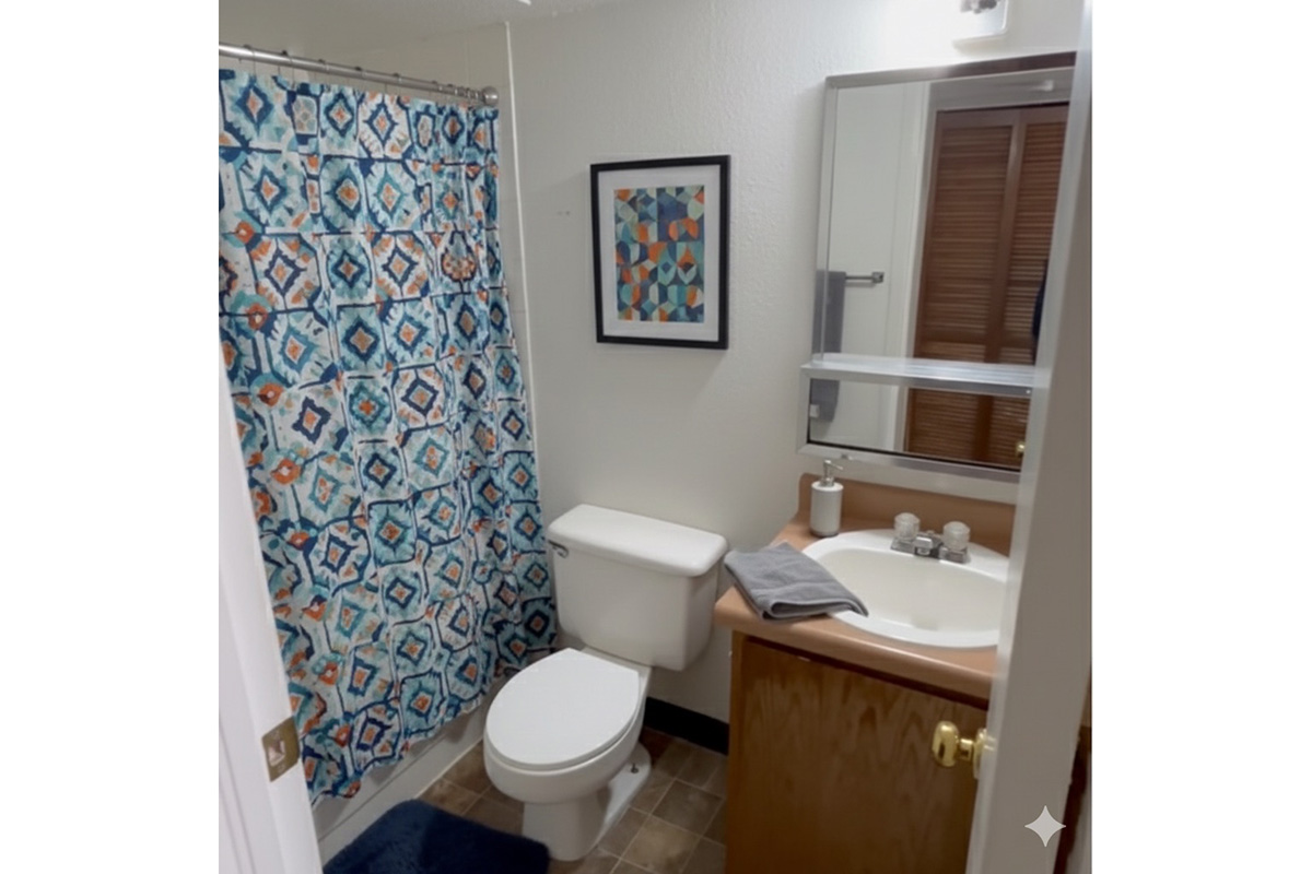 A small bathroom with a white toilet and a wooden cabinet. There is a sink with toiletries and a gray towel on the counter. A colorful shower curtain featuring a geometric pattern hangs in front of the bathtub. A framed artwork is mounted on the wall, and the room is well-lit.