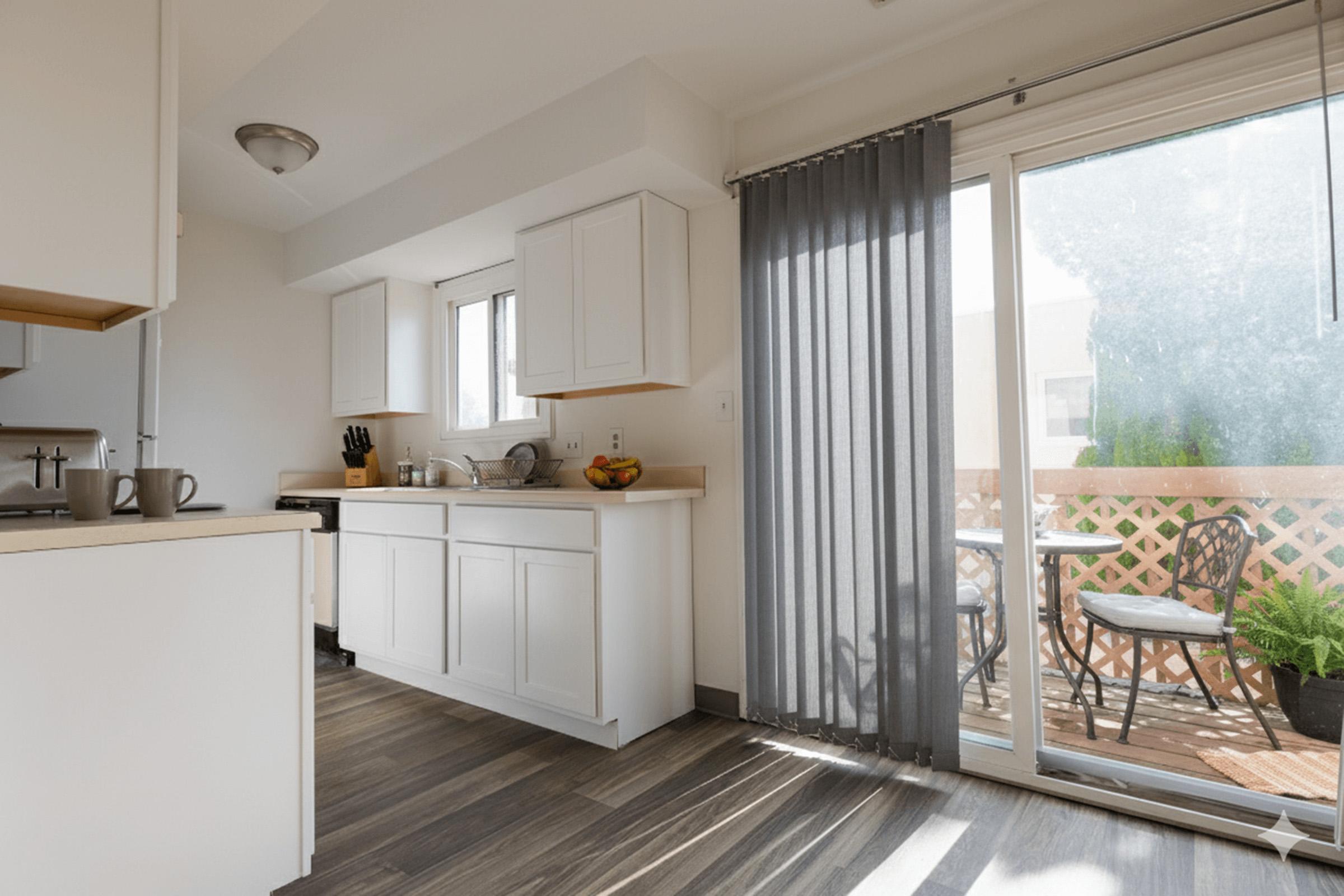 A bright, modern kitchen featuring white cabinetry, a countertop with kitchen utensils, and a large window with sheer curtains. A sliding glass door leads to a patio with outdoor seating and greenery. The flooring is dark wood, creating a cozy atmosphere.