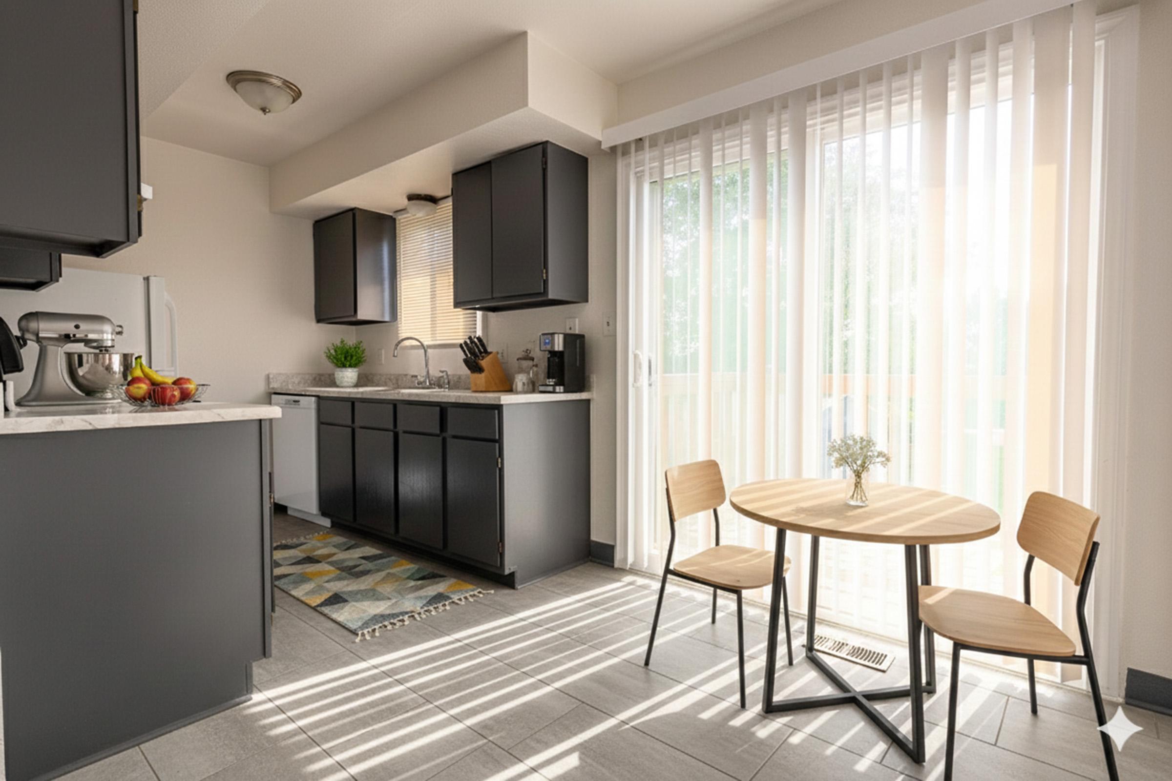 Modern kitchen with dark cabinets and a marble countertop. Natural light streams through sheer vertical blinds, illuminating a small dining area with a round table and two wooden chairs. A vase with flowers sits on the table, and a fruit bowl is visible on the counter, creating a cozy and inviting atmosphere.