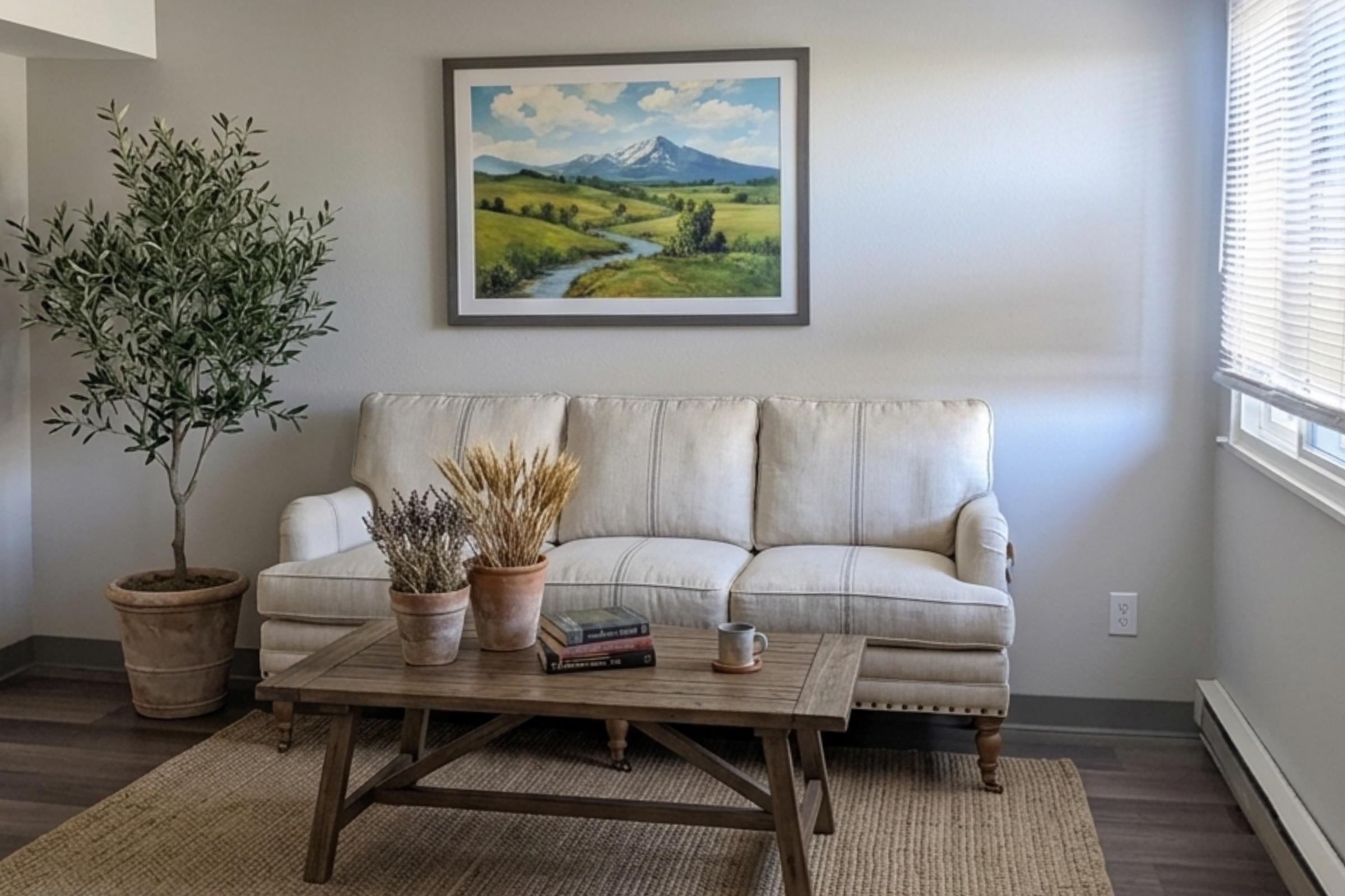 A cozy living room featuring a beige sofa with decorative pillows, a wooden coffee table with books and a cup, and a potted plant. A painting of a green landscape with mountains hangs on the wall, and natural light streams through a window with blinds. The floor is covered with a textured rug.