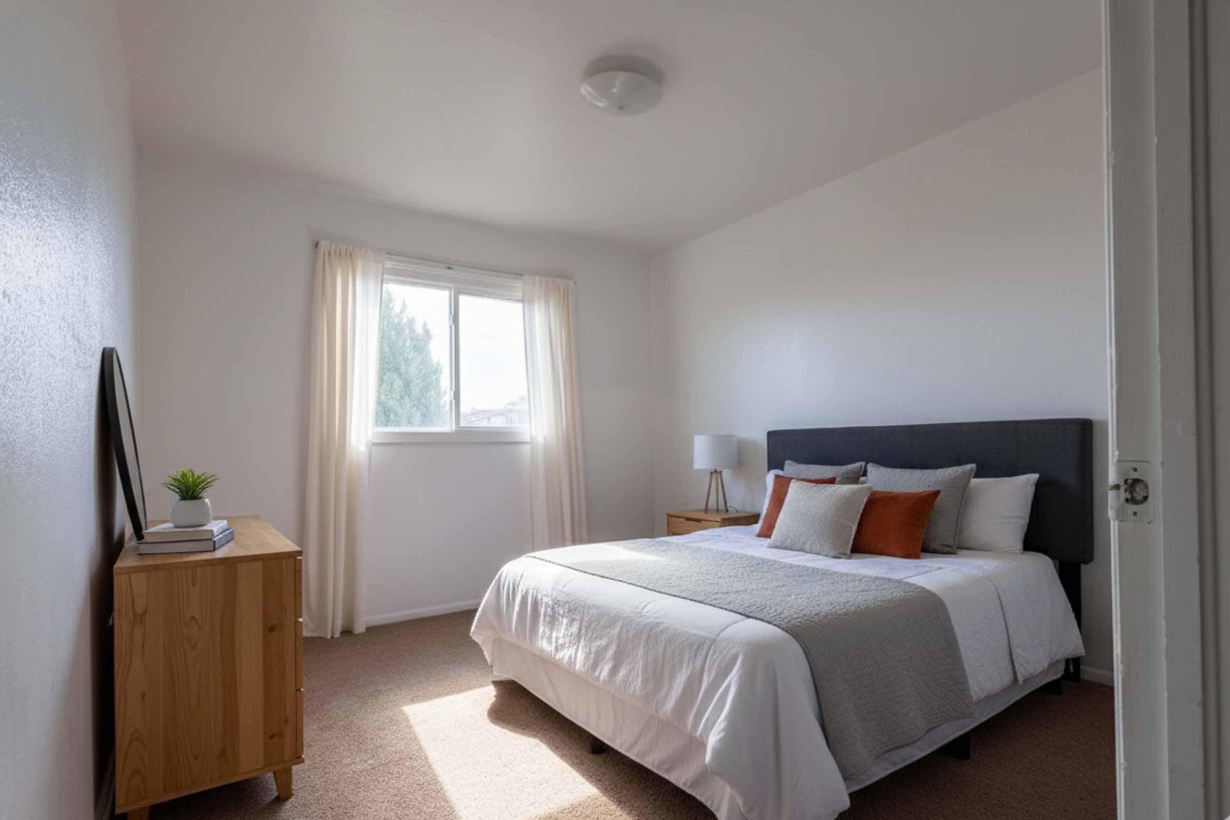 A bright, modern bedroom featuring a queen-sized bed with gray and orange accents, light-colored bedding, and a wooden nightstand. Natural light filters in through a window with sheer curtains, illuminating the minimalist decor and a small plant on the nightstand.