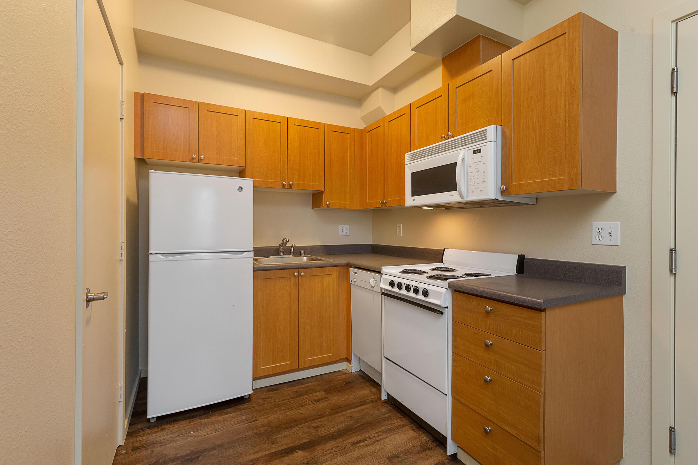 a kitchen with a stove and a refrigerator