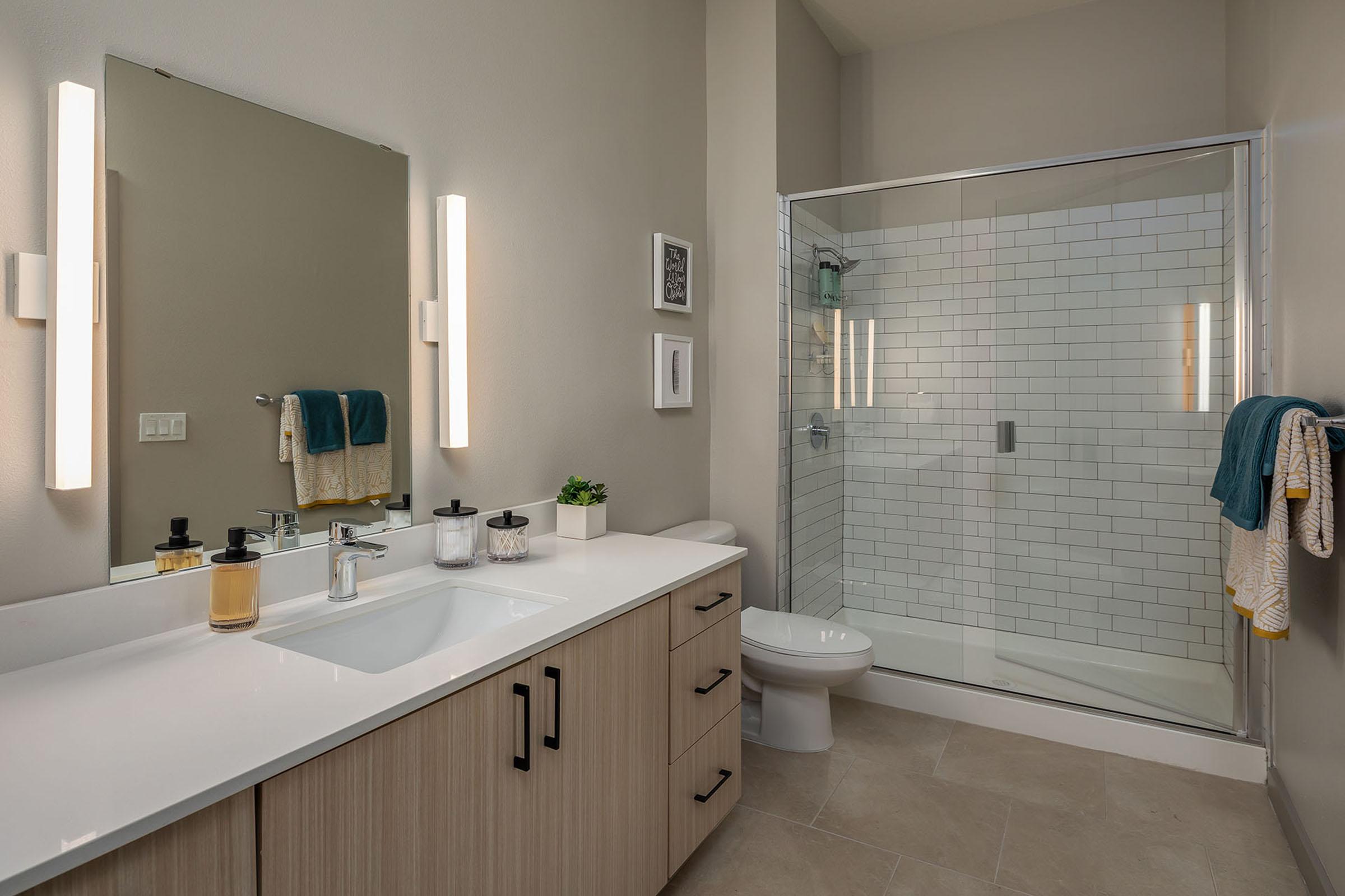 A modern bathroom featuring a double vanity with a white countertop, a large mirror, and stylish fixtures. A glass shower stall with white subway tiles is visible, alongside a toilet. Soft lighting enhances the neutral color scheme, and decorative accents include towels on hooks and small plants.